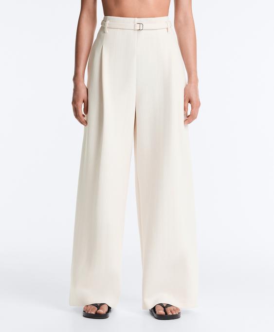 Pamuklu piqué çizgili wide leg pantolon