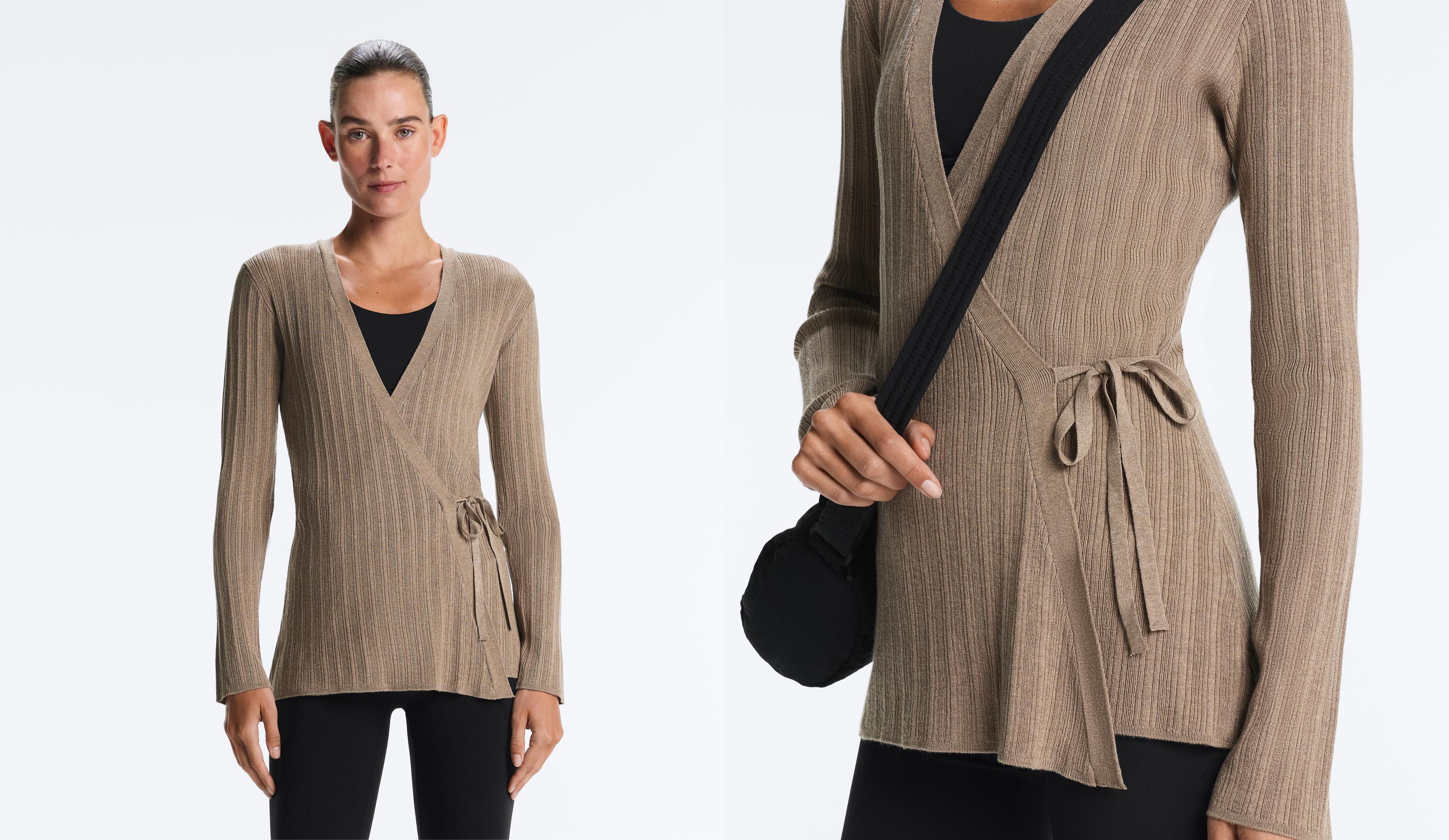 Long rib knit jacket with side tie fastening