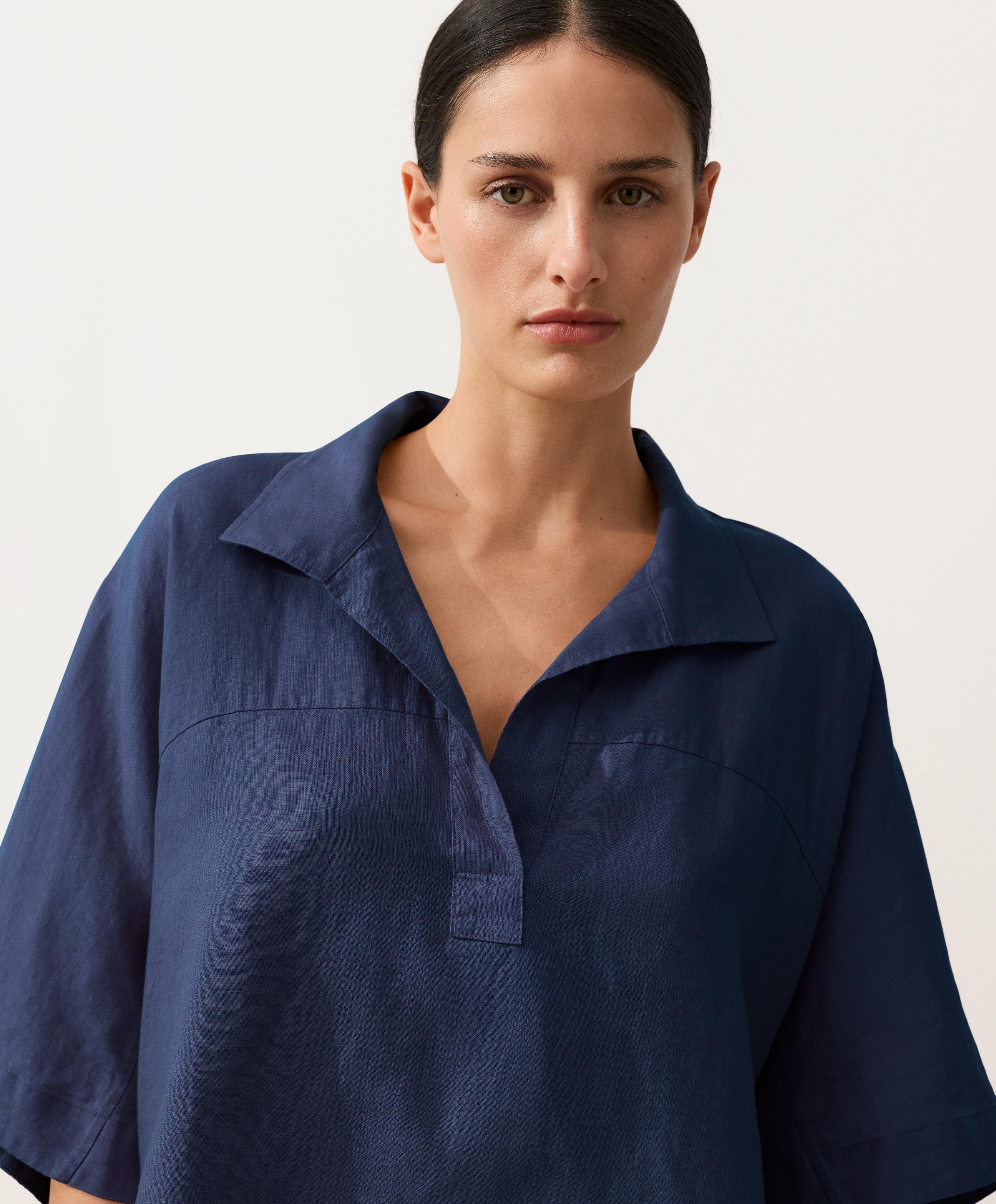 Oversize 100% linen polo shirt — NAVY