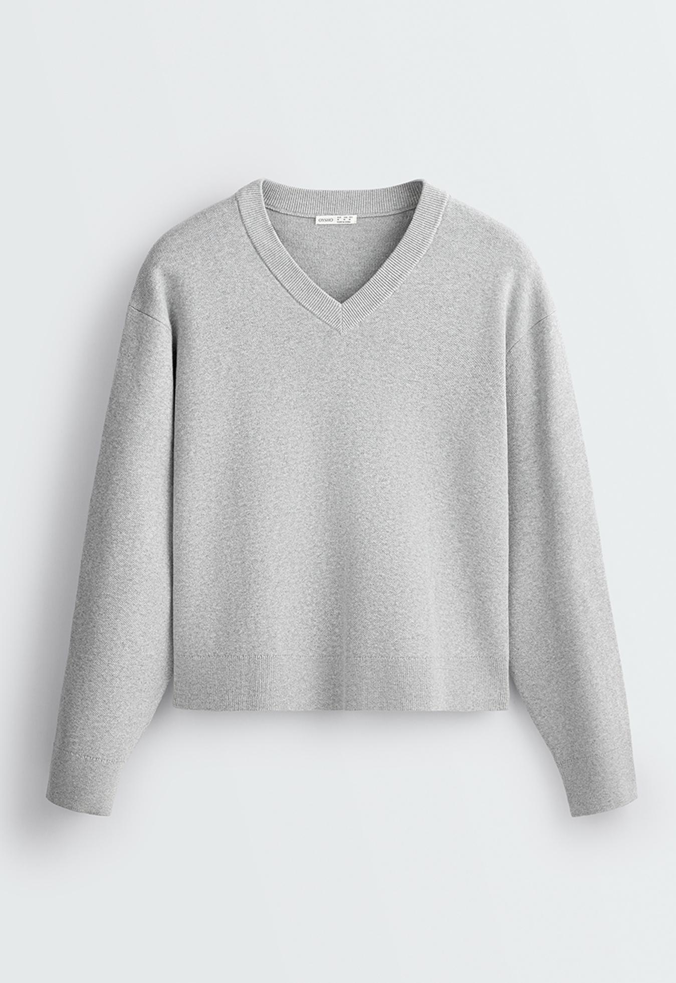 Cotton blend V-neck knit jumper — PALE GREY