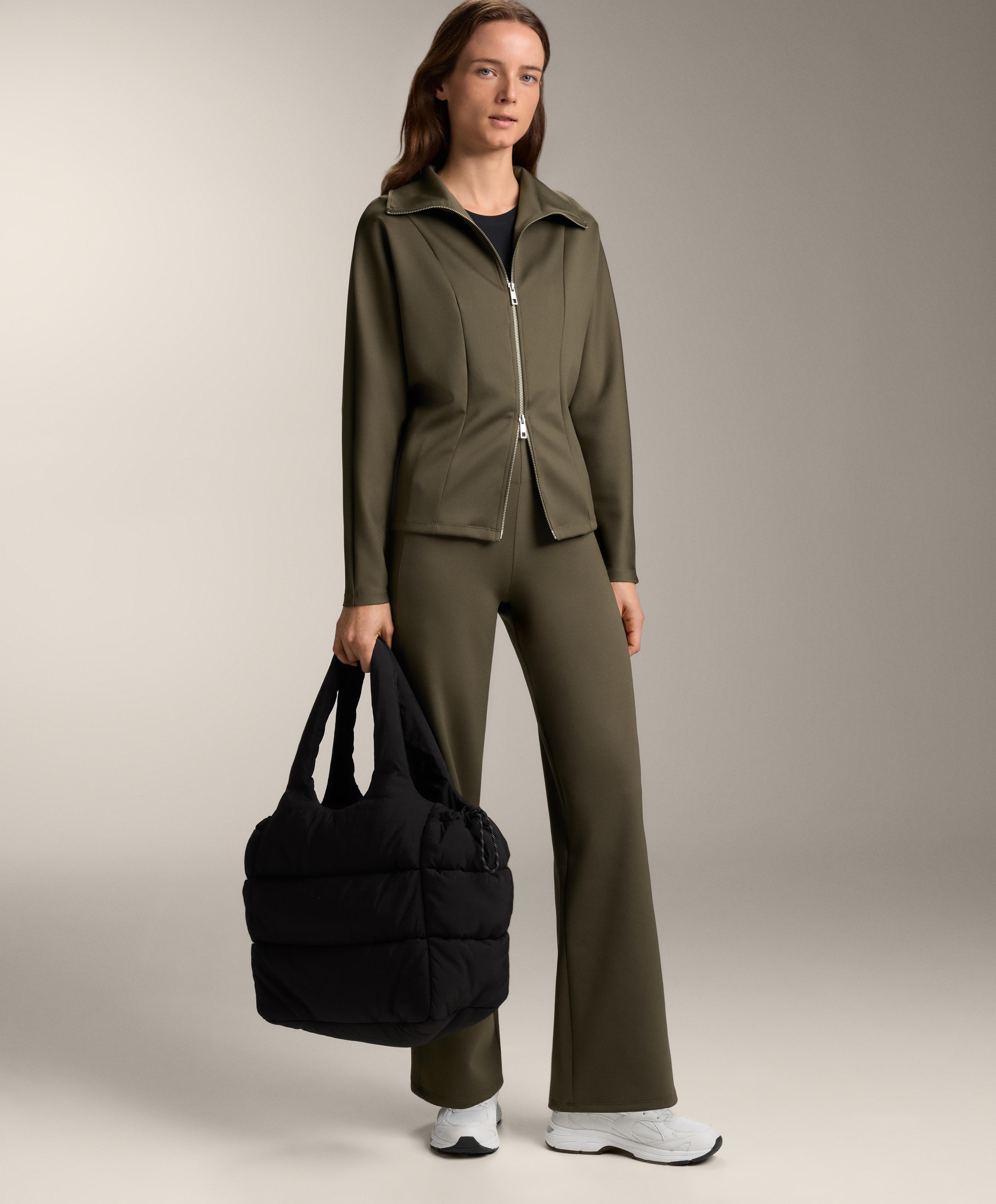 Khaki straight-cut neoprene-effect total look