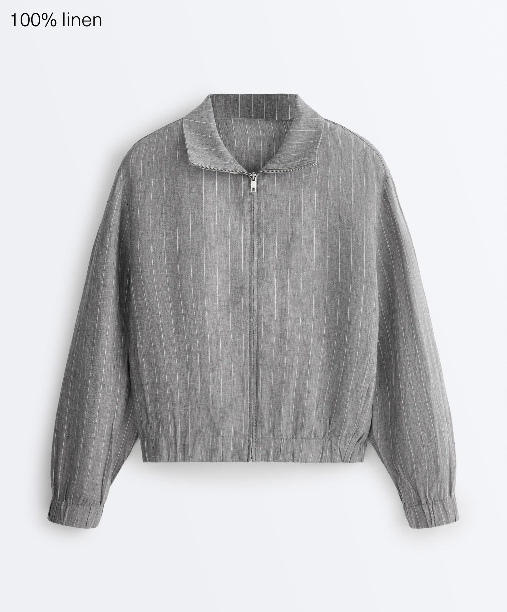 Pinstriped 100% linen high-neck jacket — MID GREY