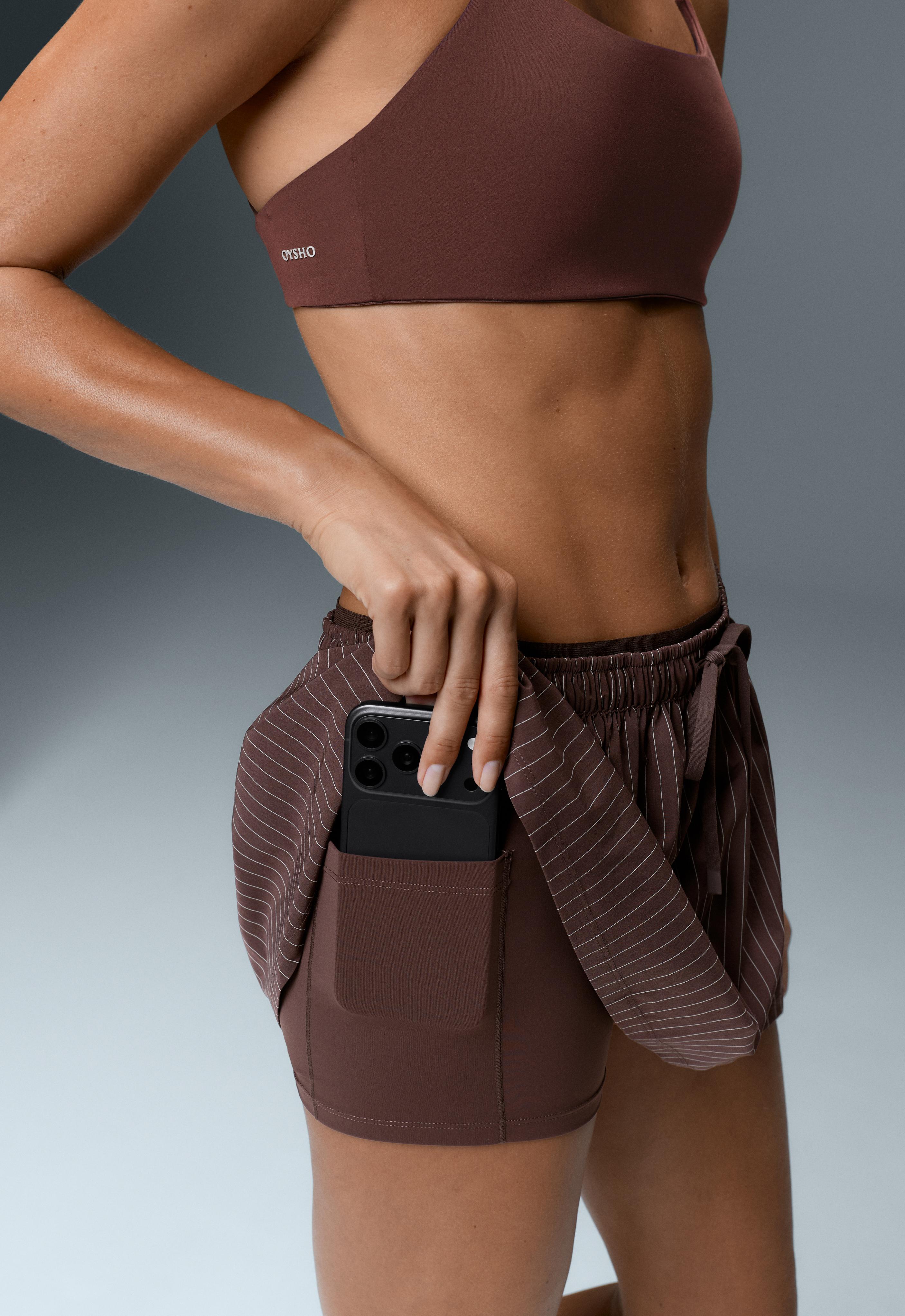 Pinstripe double-waist mini skirt — CHOCOLATE