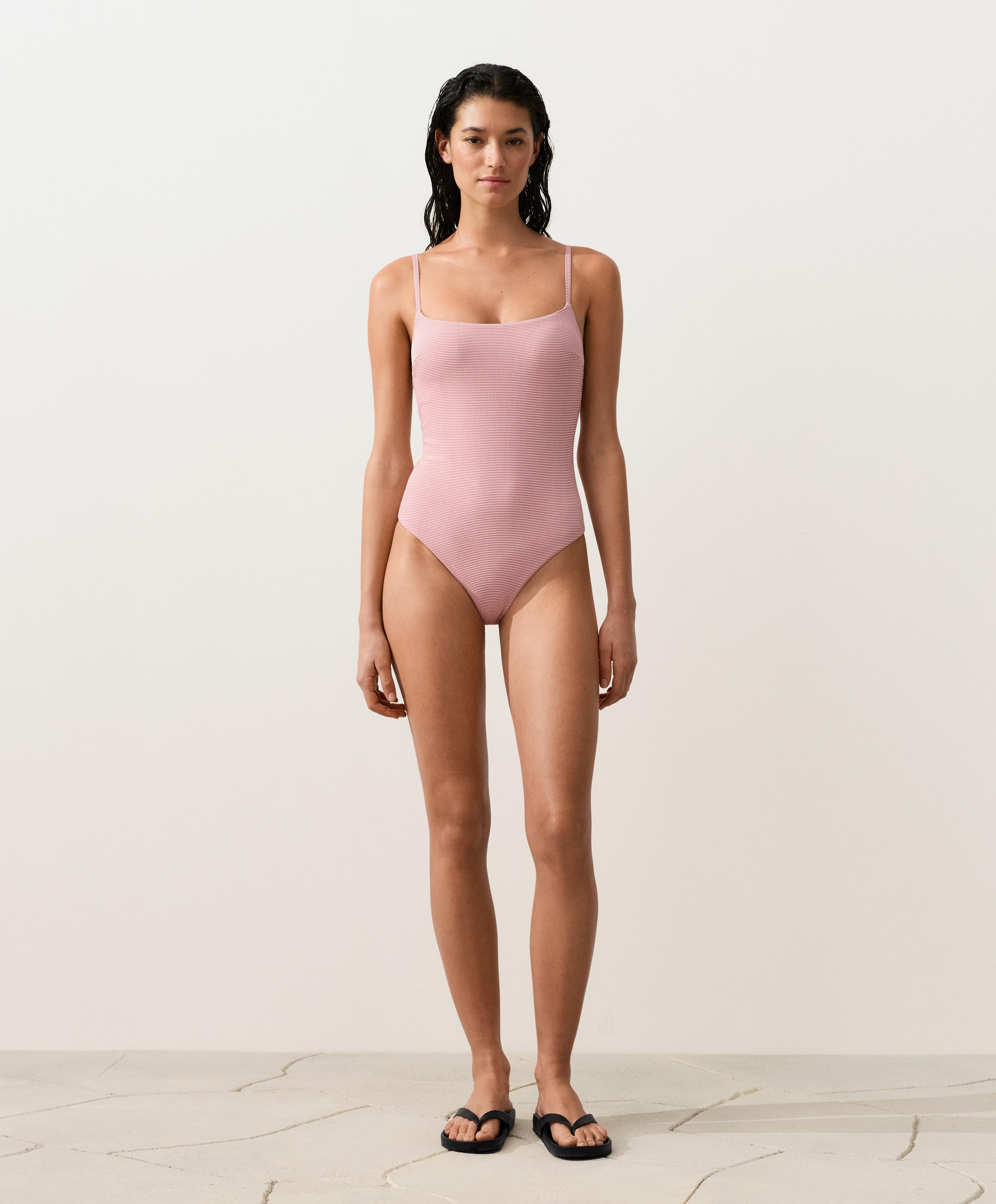 Stripe round neck swimsuit — RED