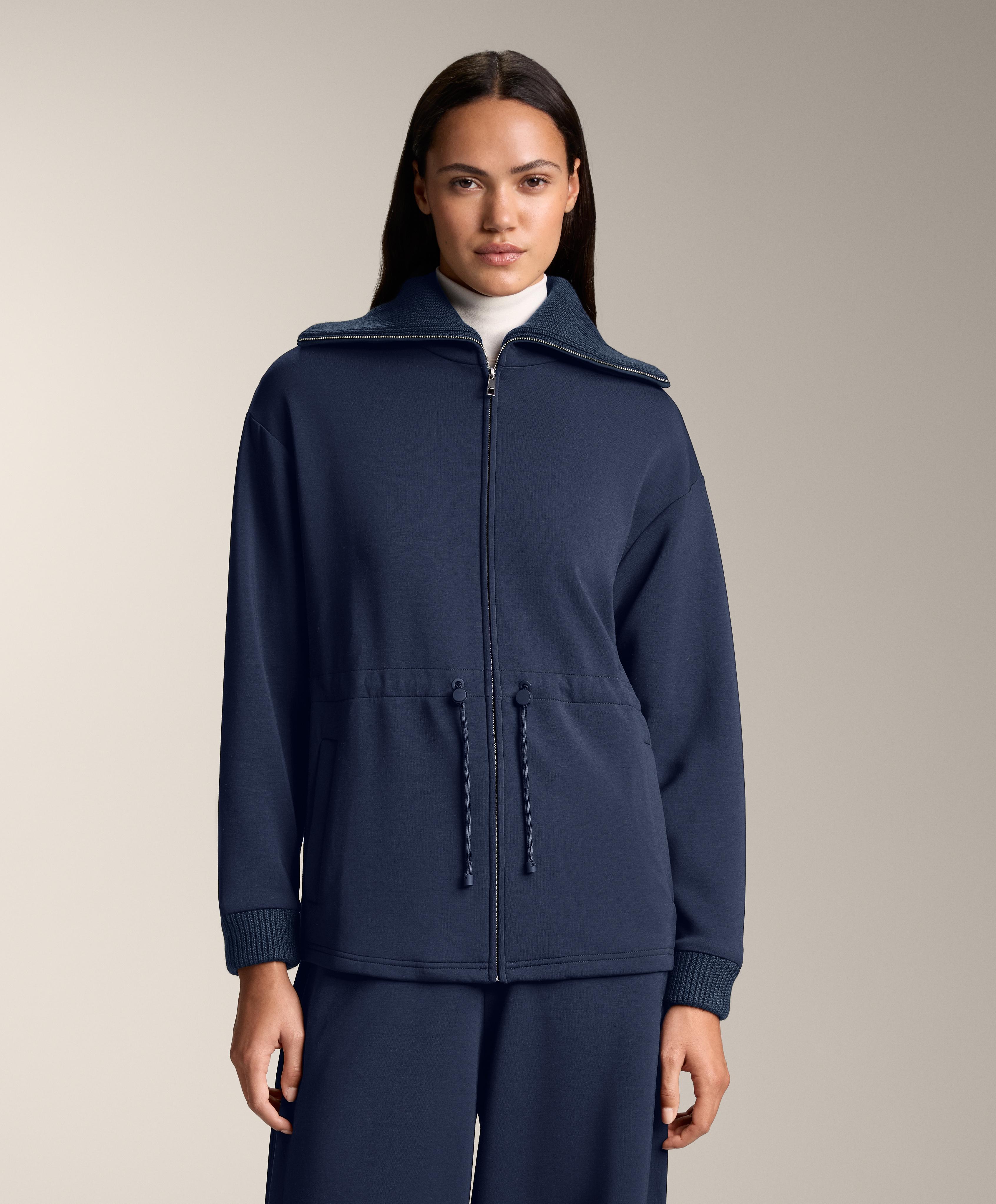 Adjustable waist knit collar jacket with brushed modal — NAVY BLUE