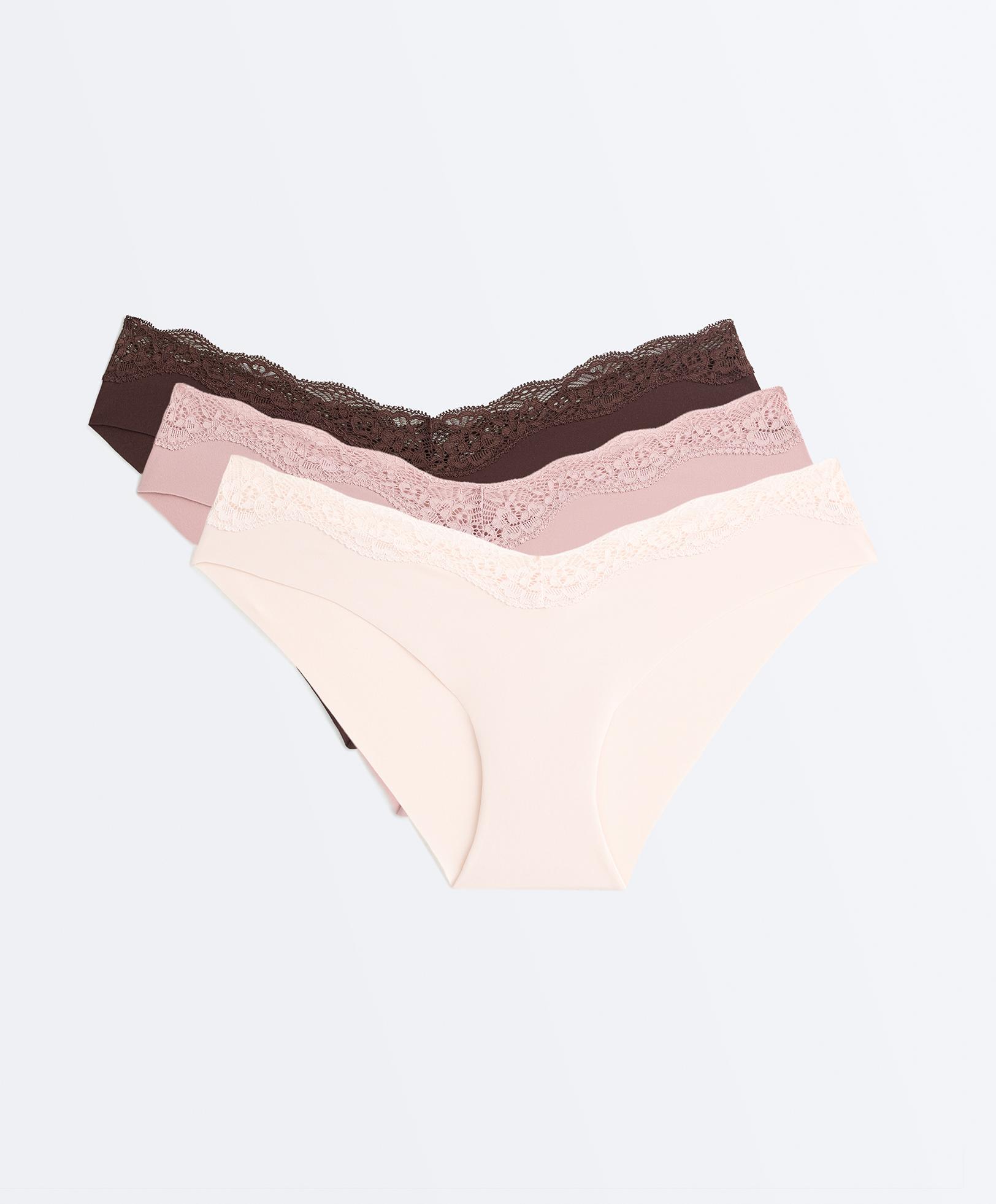 3 laser-cut lace and polyamide blend classic briefs — CHOCOLATE