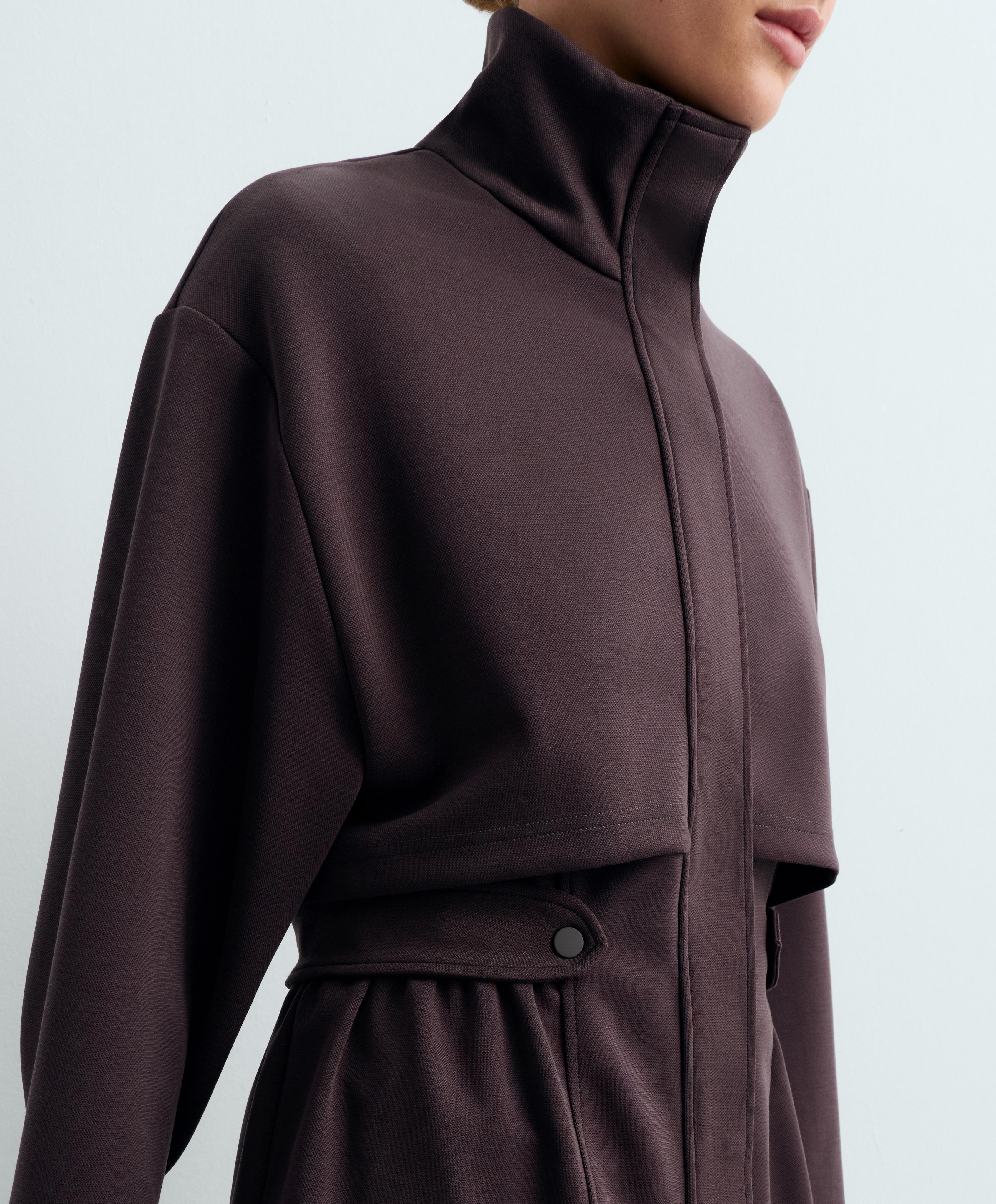 Long piqué jacket with belt — Purplish brown