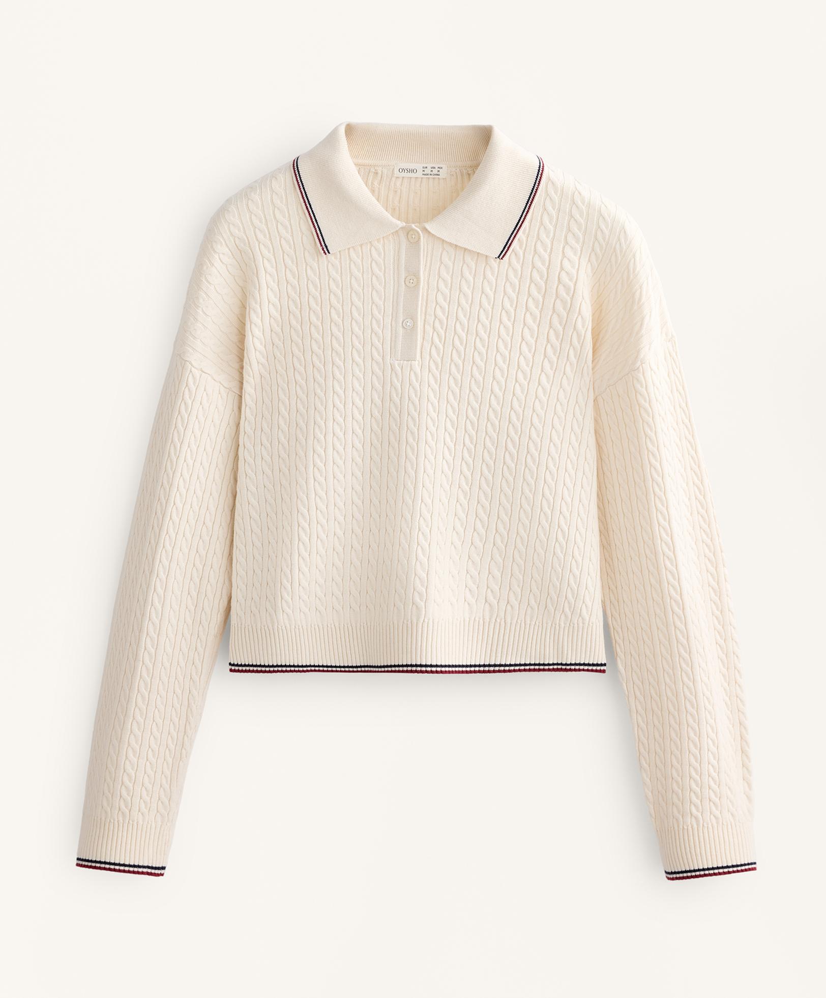 Mini cable knit polo neck jumper — ECRU