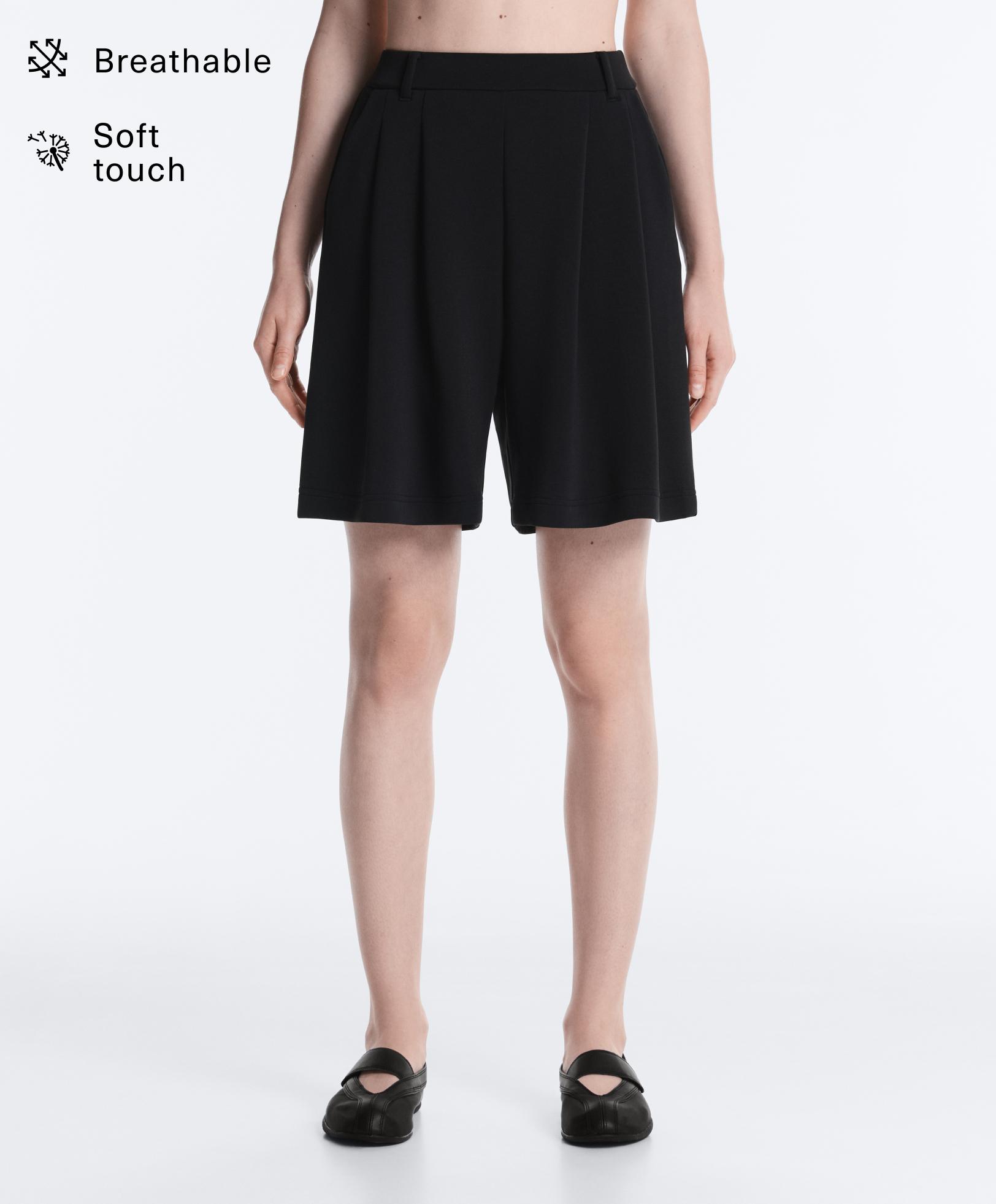 Soft-touch modal Bermuda shorts with pleats — BLACK