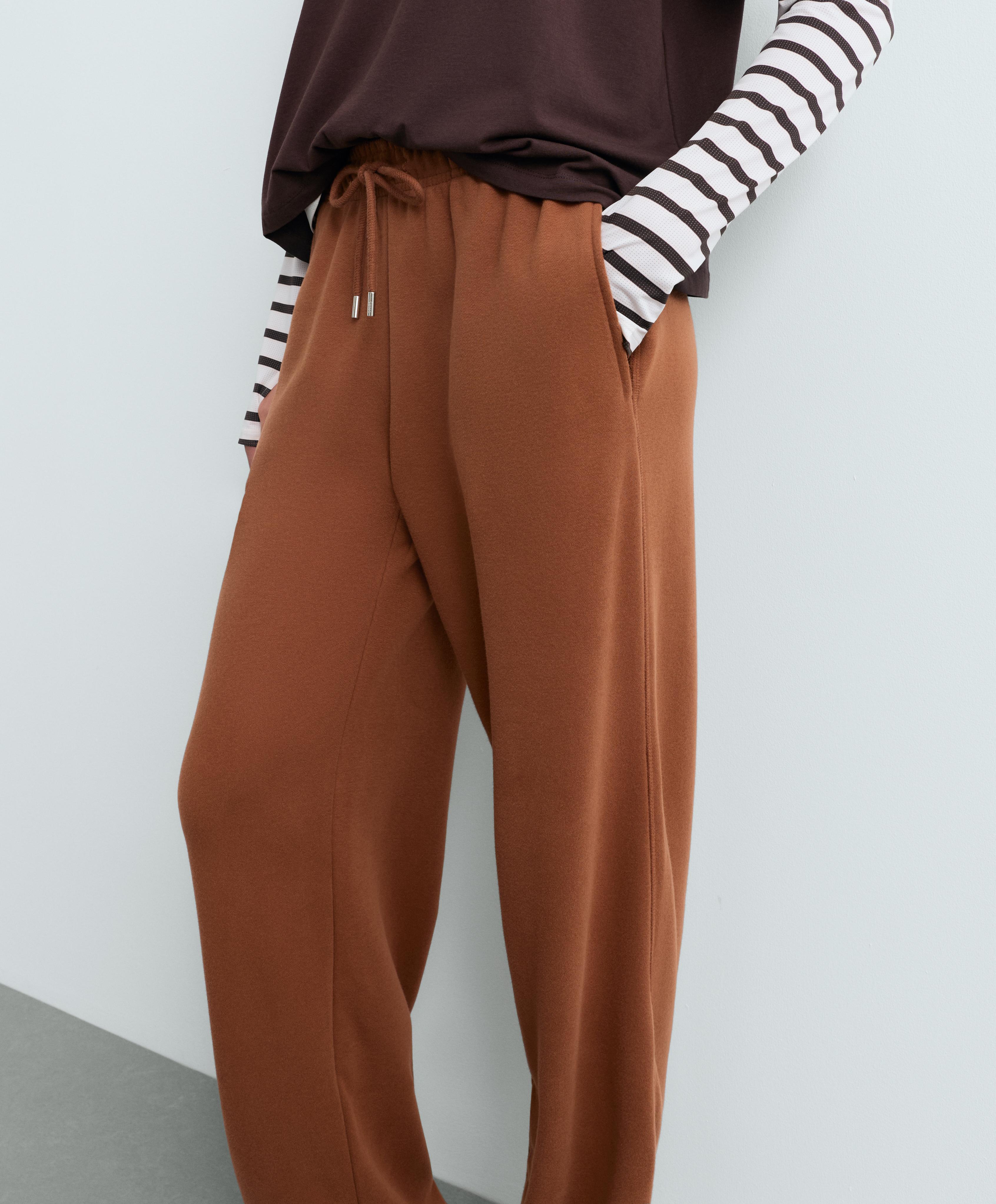 Cotton blend fleece straight-leg trousers — DARK CAMEL
