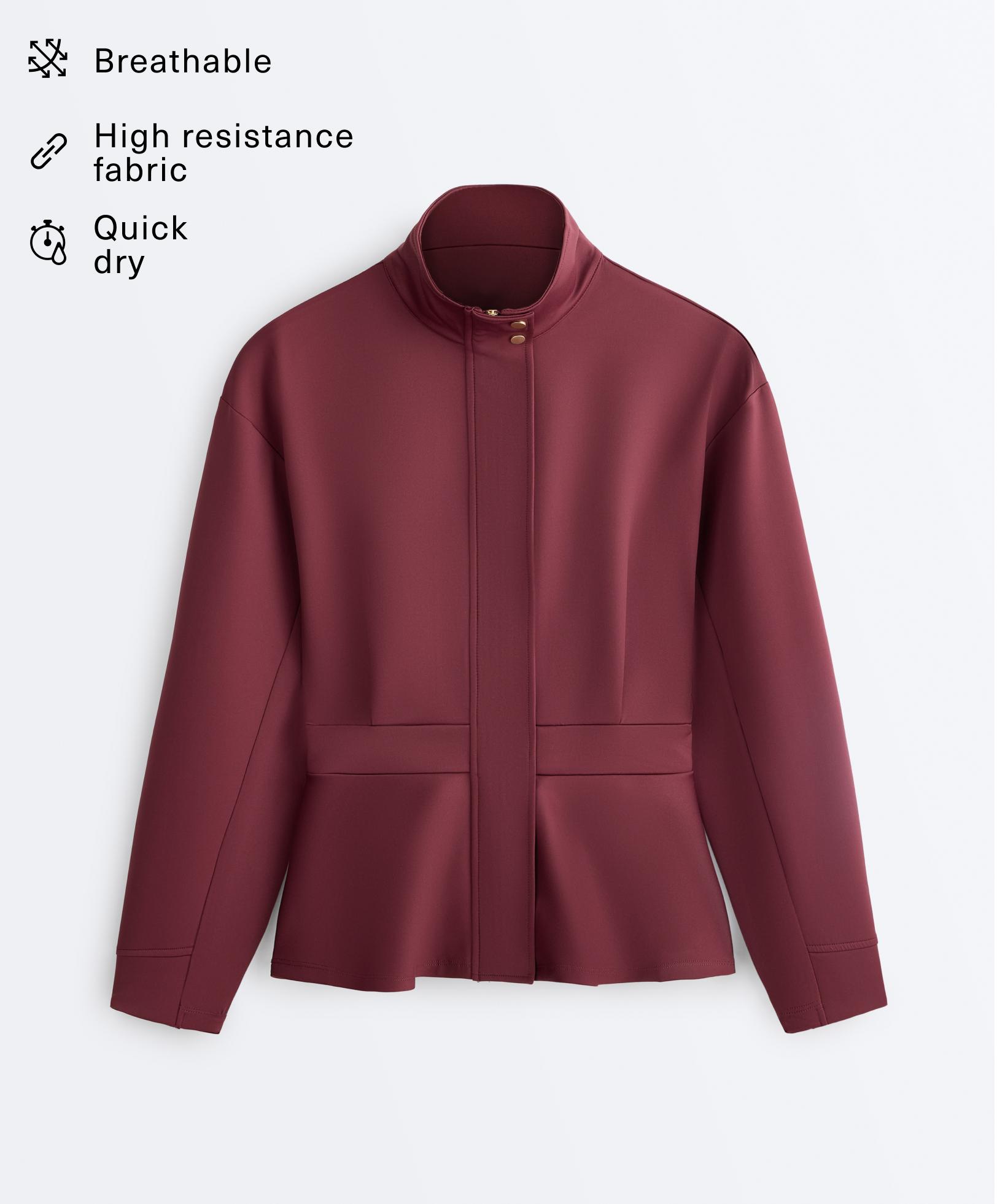 Neoprene-effect peplum jacket — CHERRY
