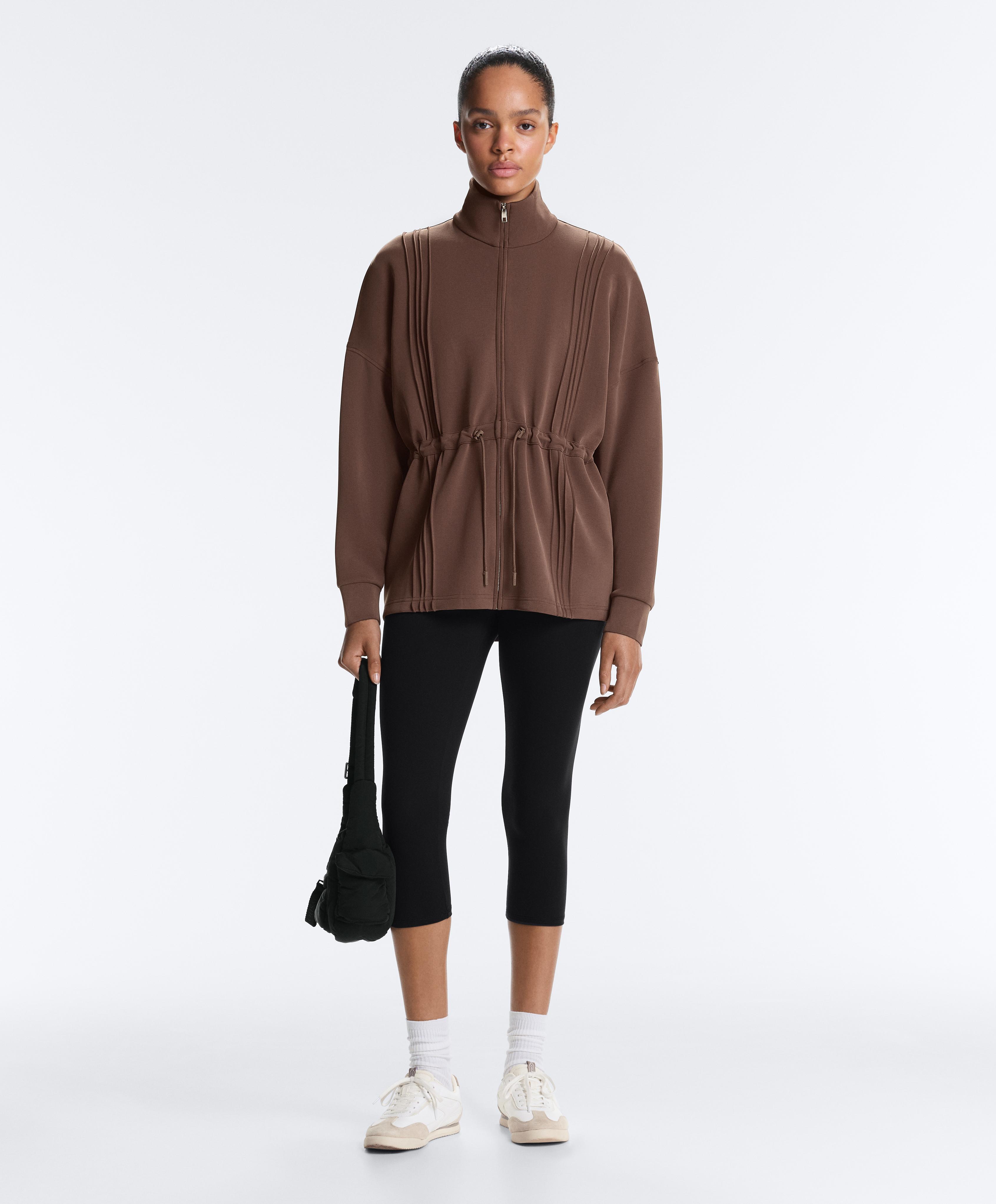 Long jacket with ribbed high neck and soft-touch modal — MID-BROWN