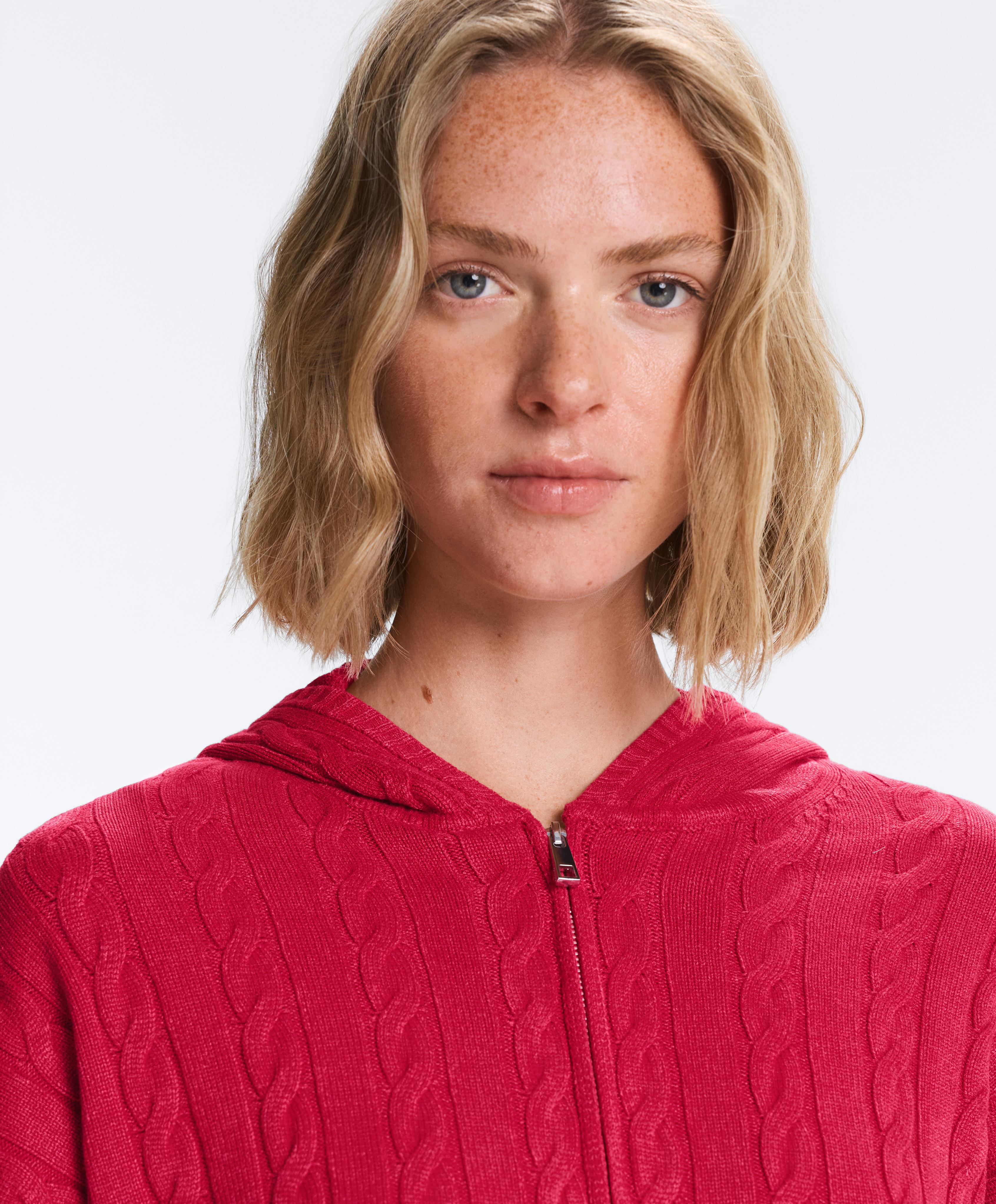 Washed cable knit hooded jacket — RED