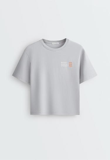 Boxy cotton blend slogan T-shirt — GREY 5