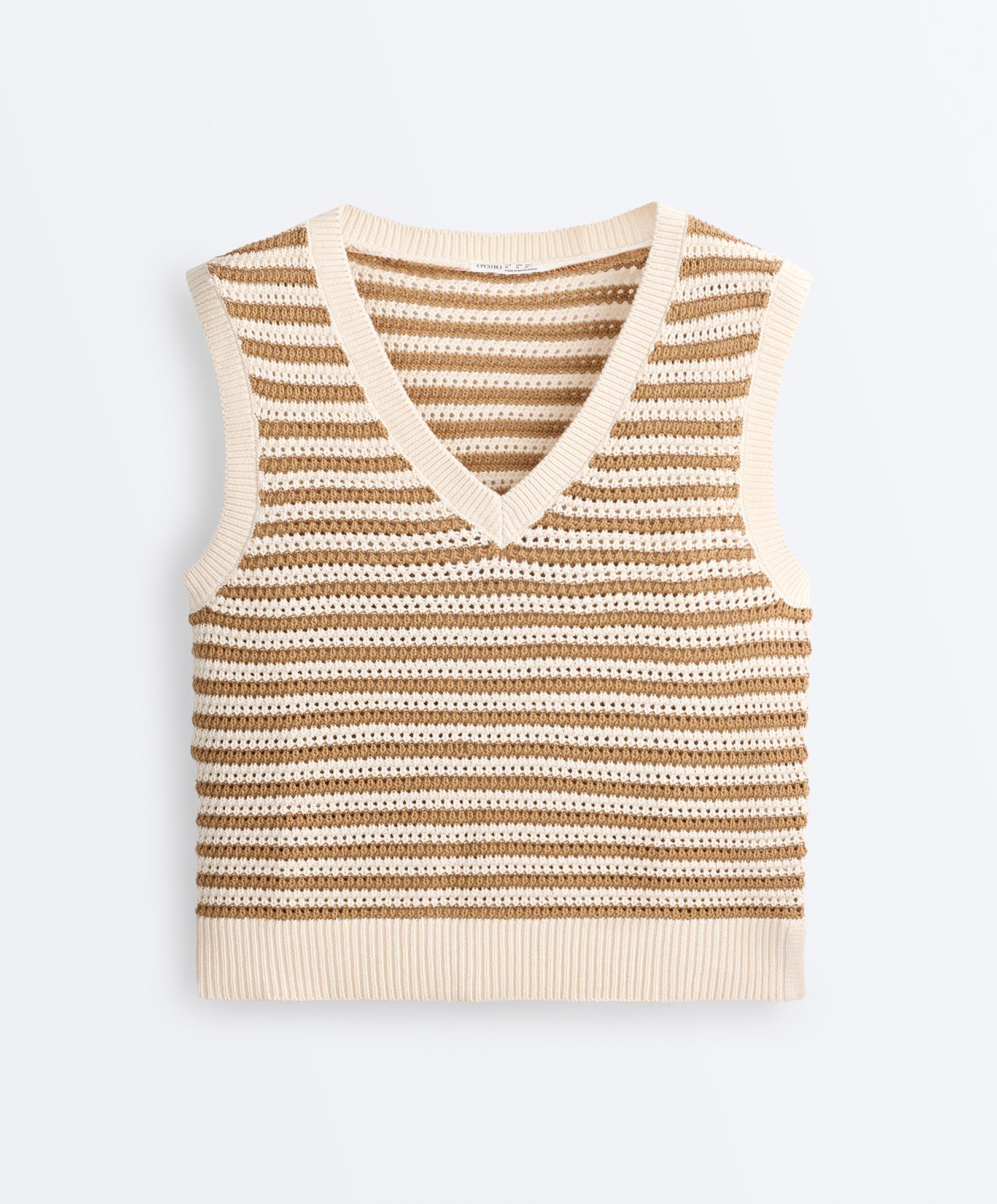 Striped V-neck knit vest — ECRU