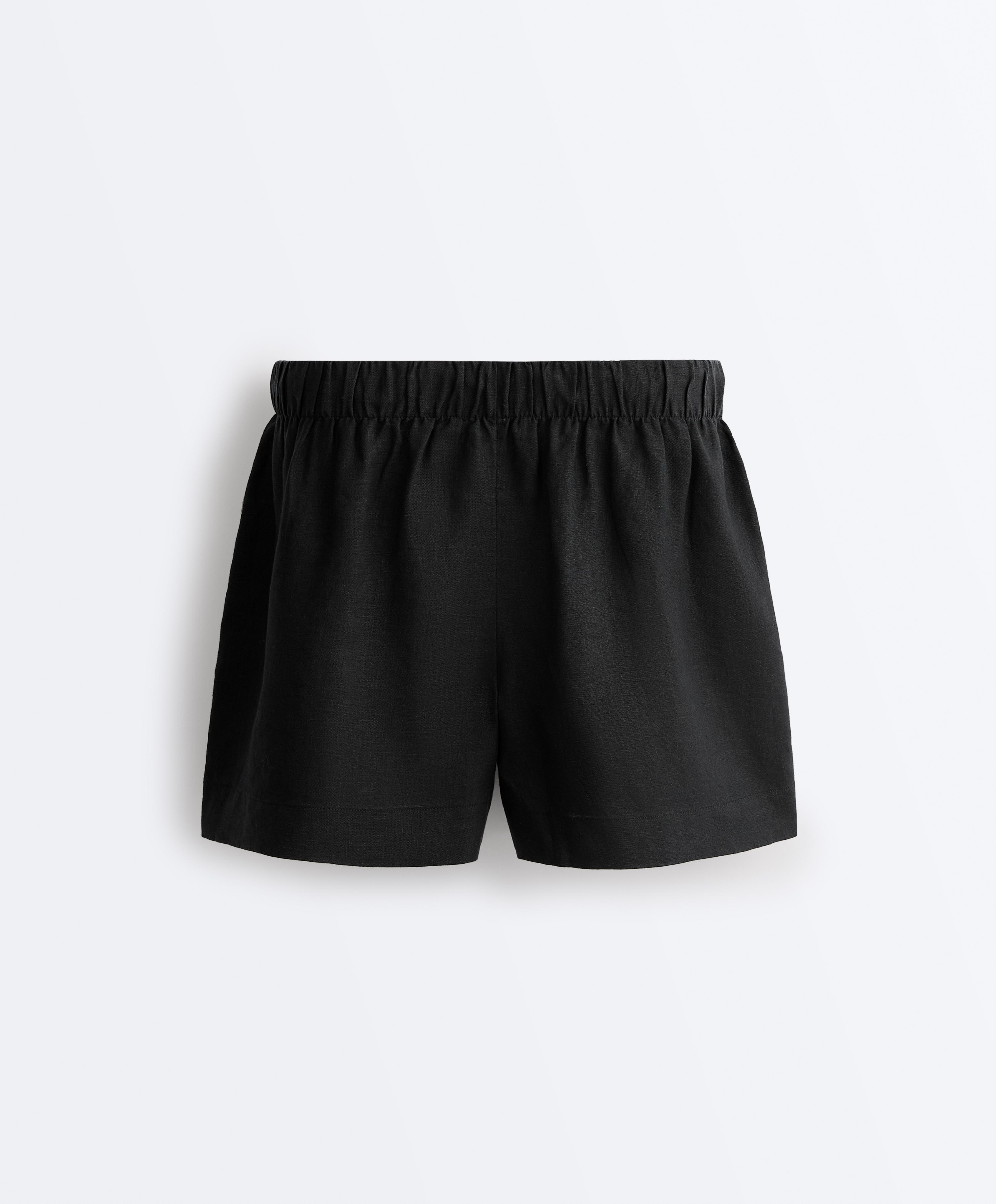 100% linen mid-rise shorts — BLACK