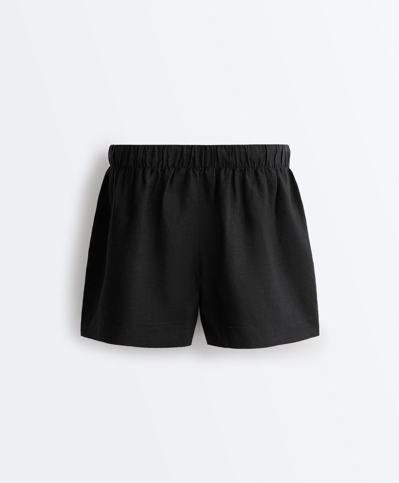 100% linen mid-rise shorts — BLACK