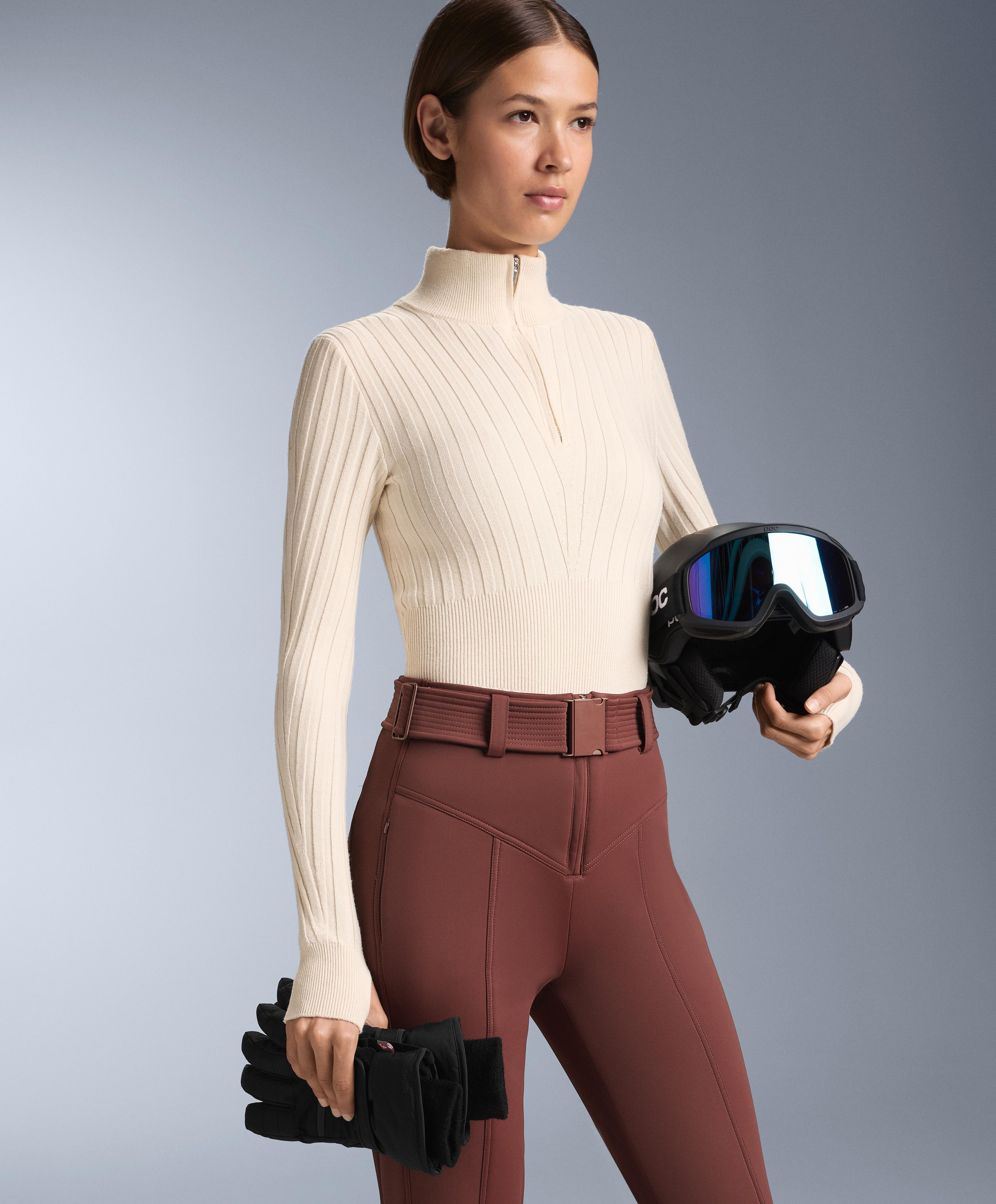 Thermal base layer rib knit T-shirt with peak — ECRU