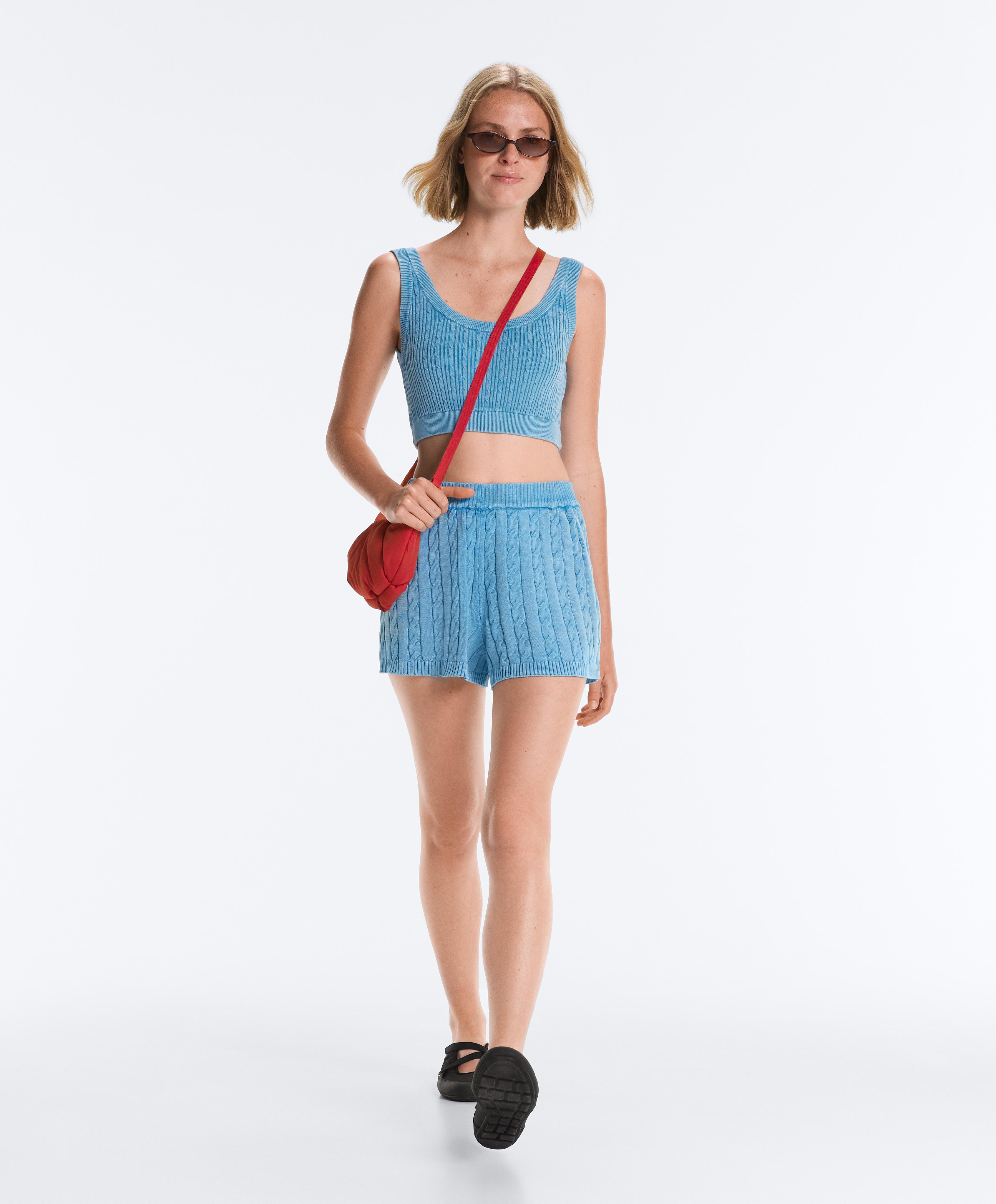 Washed knit crop cable strap T-shirt — WASHED SKY BLUE
