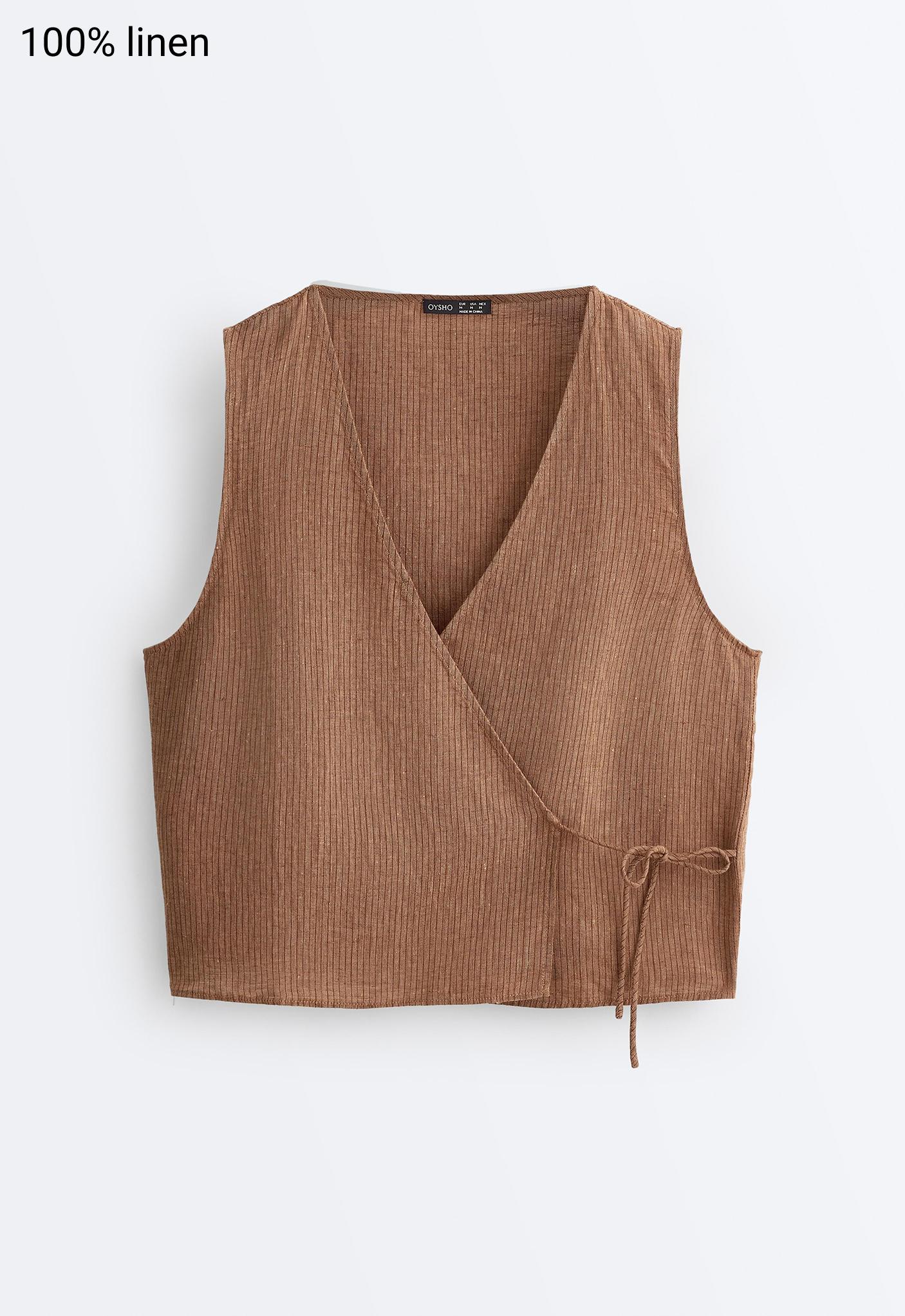 100% linen square neck crossover tie top — TAN MELANGE