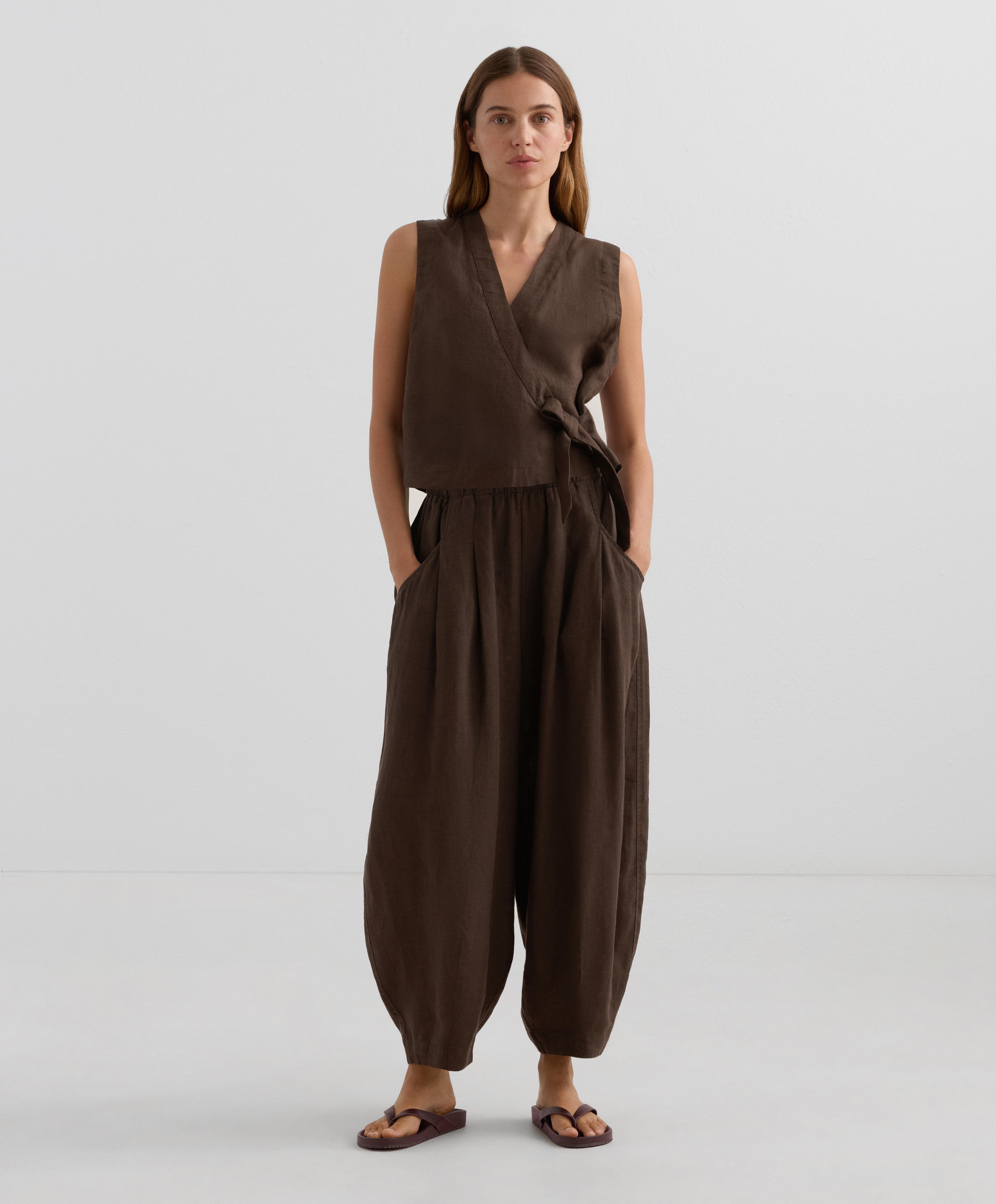 100% linen crossover top with tie fastening - Sale