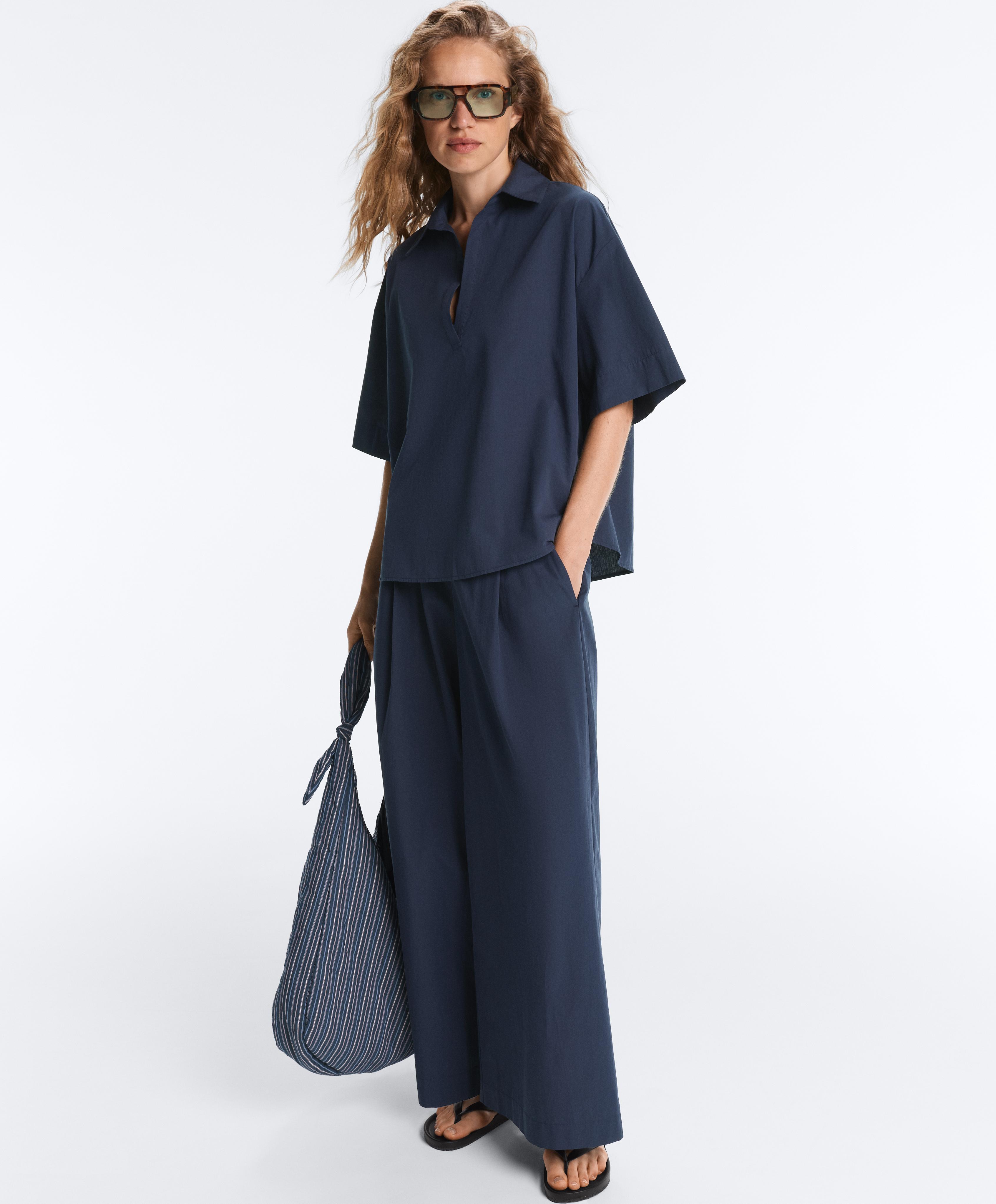 100% cotton poplin wide-leg trousers — NAVY BLUE