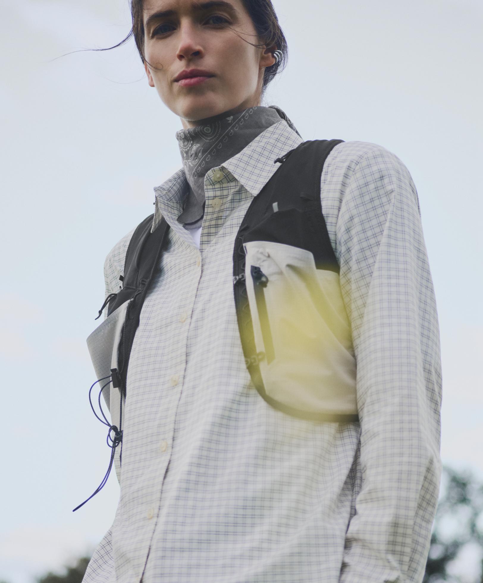 Cotton blend check long sleeve shirt — WHITE
