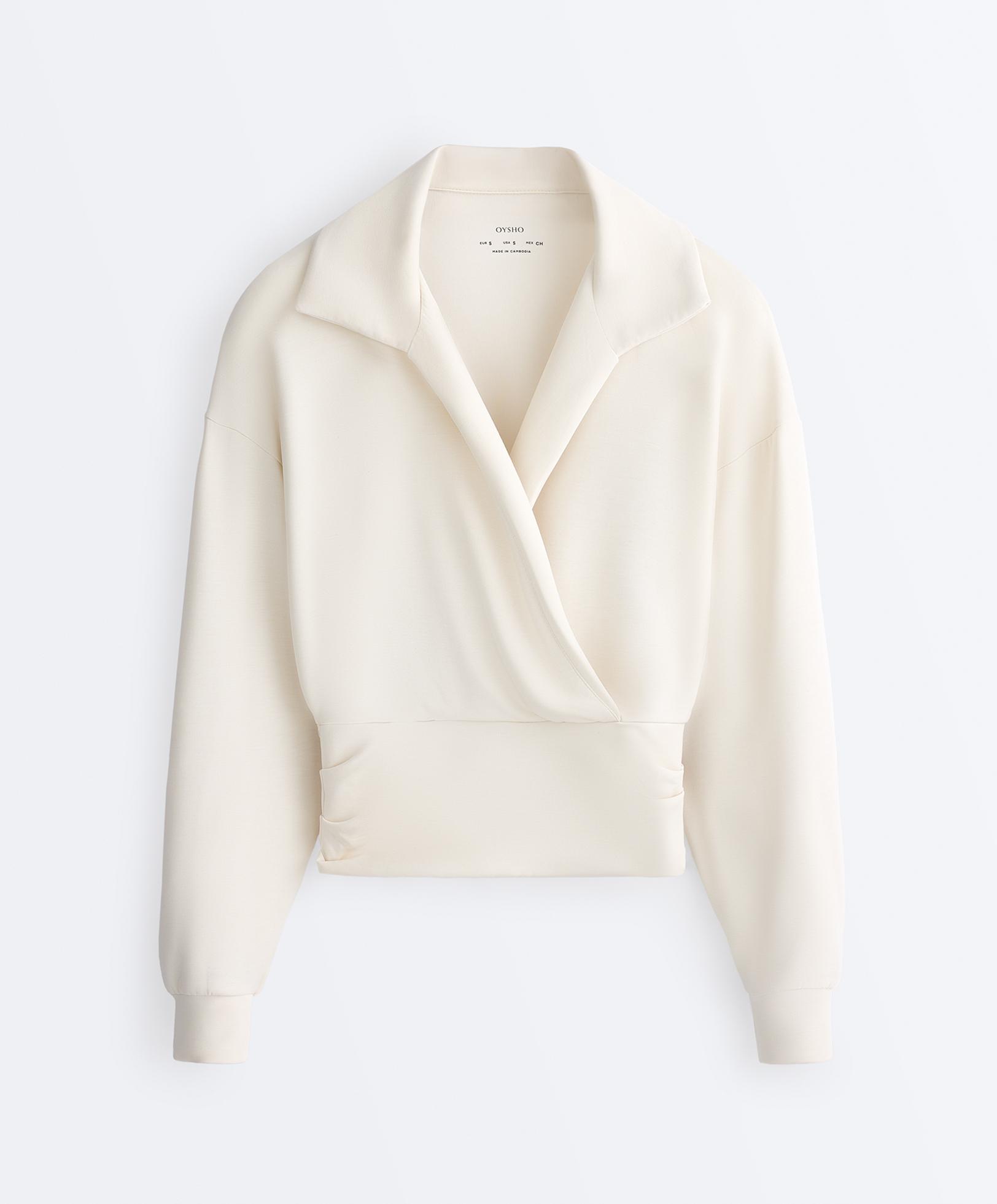 Wrap polo neck sweatshirt with soft-touch modal — PALE ECRU