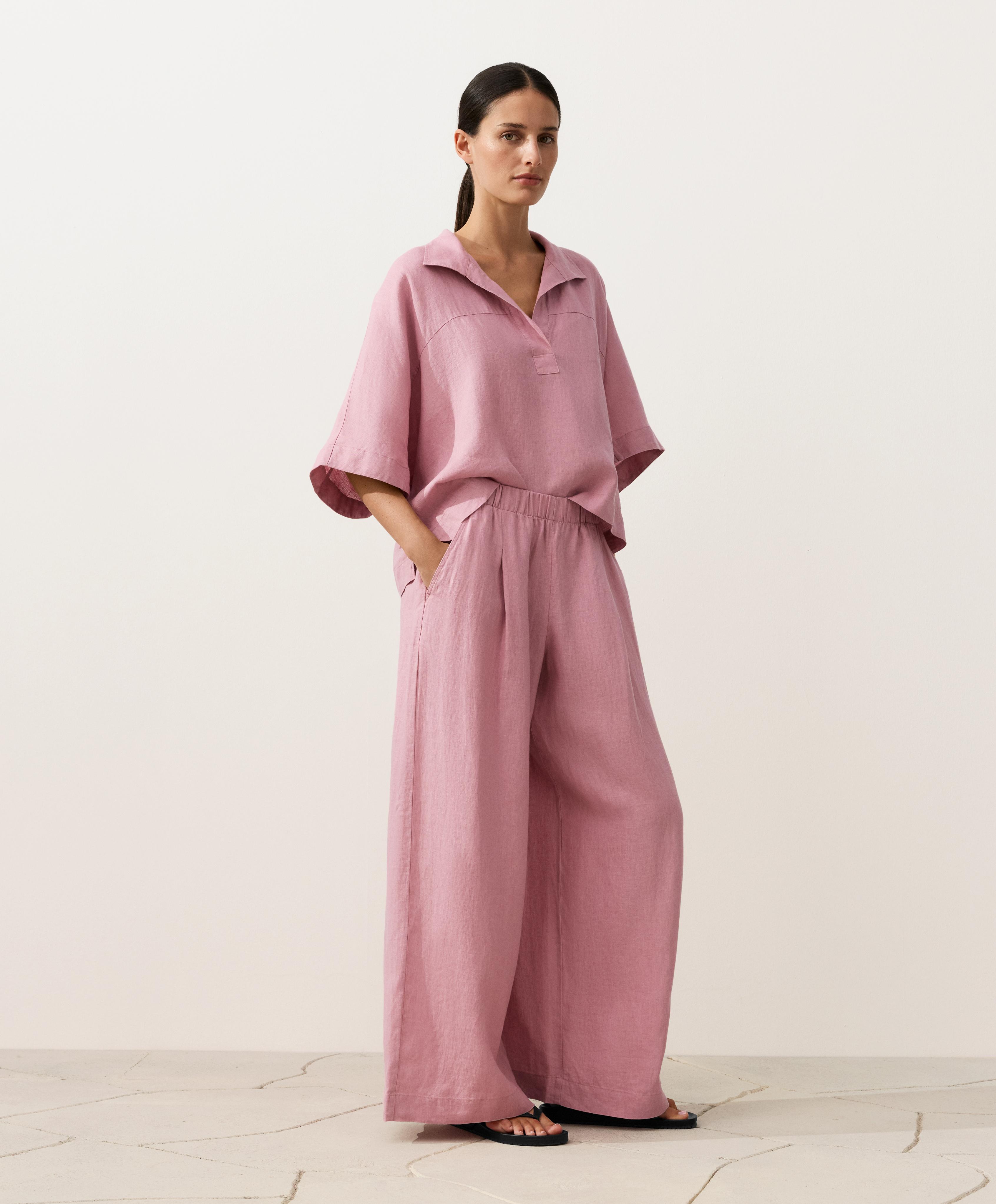 Oversize 100% linen polo shirt — MID-PINK