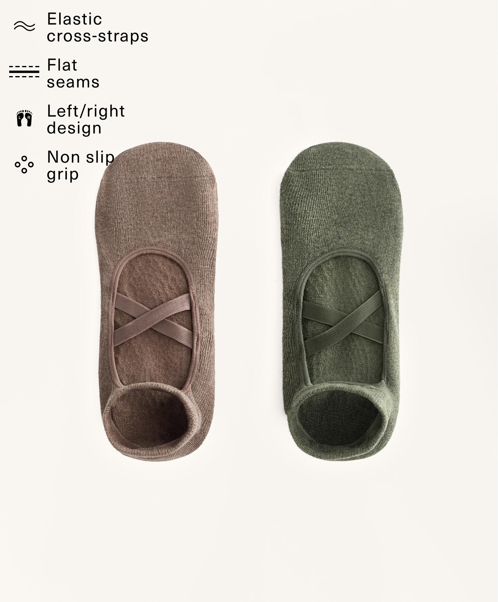 2 pairs of cotton blend yoga and Pilates socks with crossover straps
