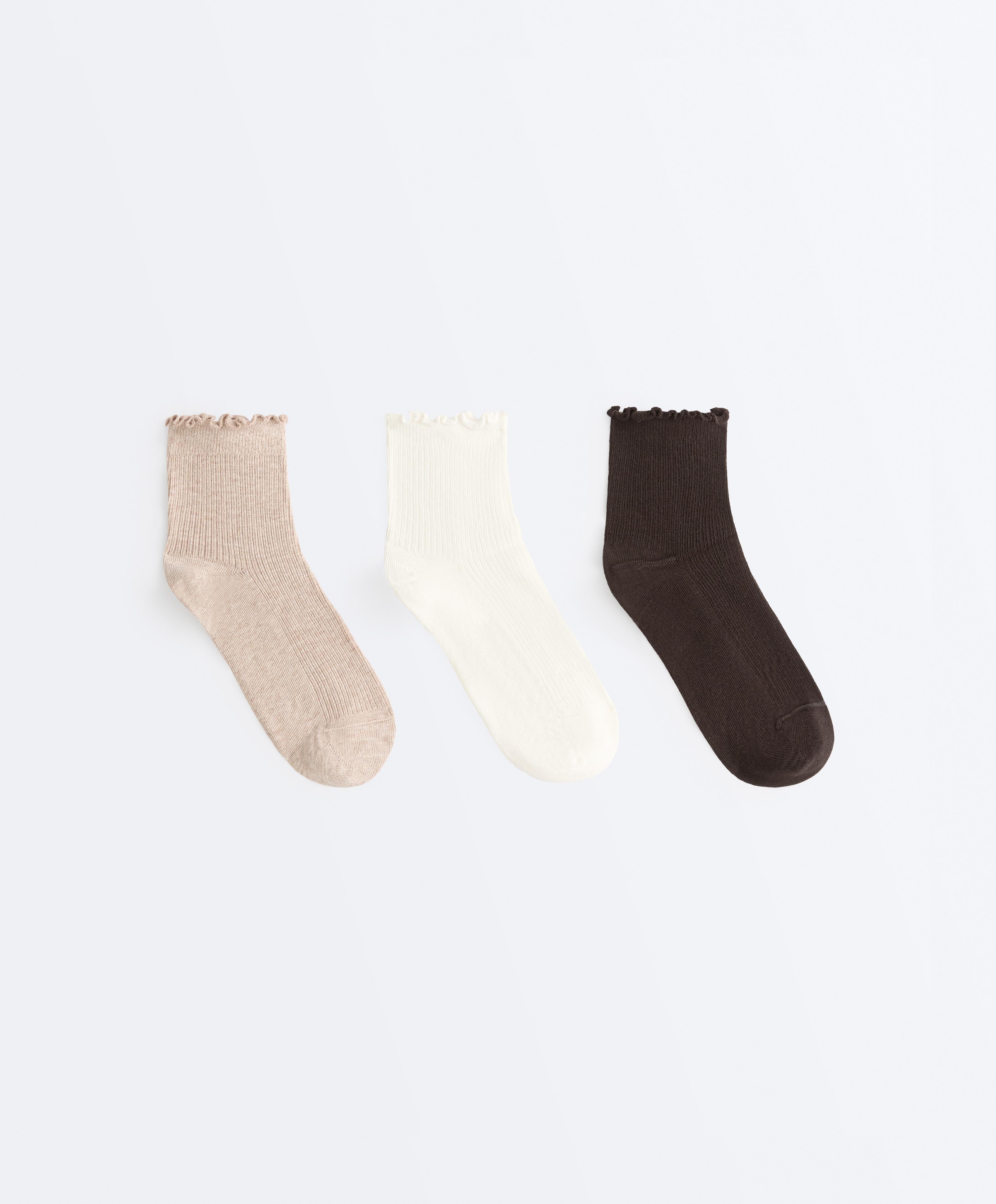 3 pairs of cotton blend quarter socks with curled edge — CHOCOLATE      