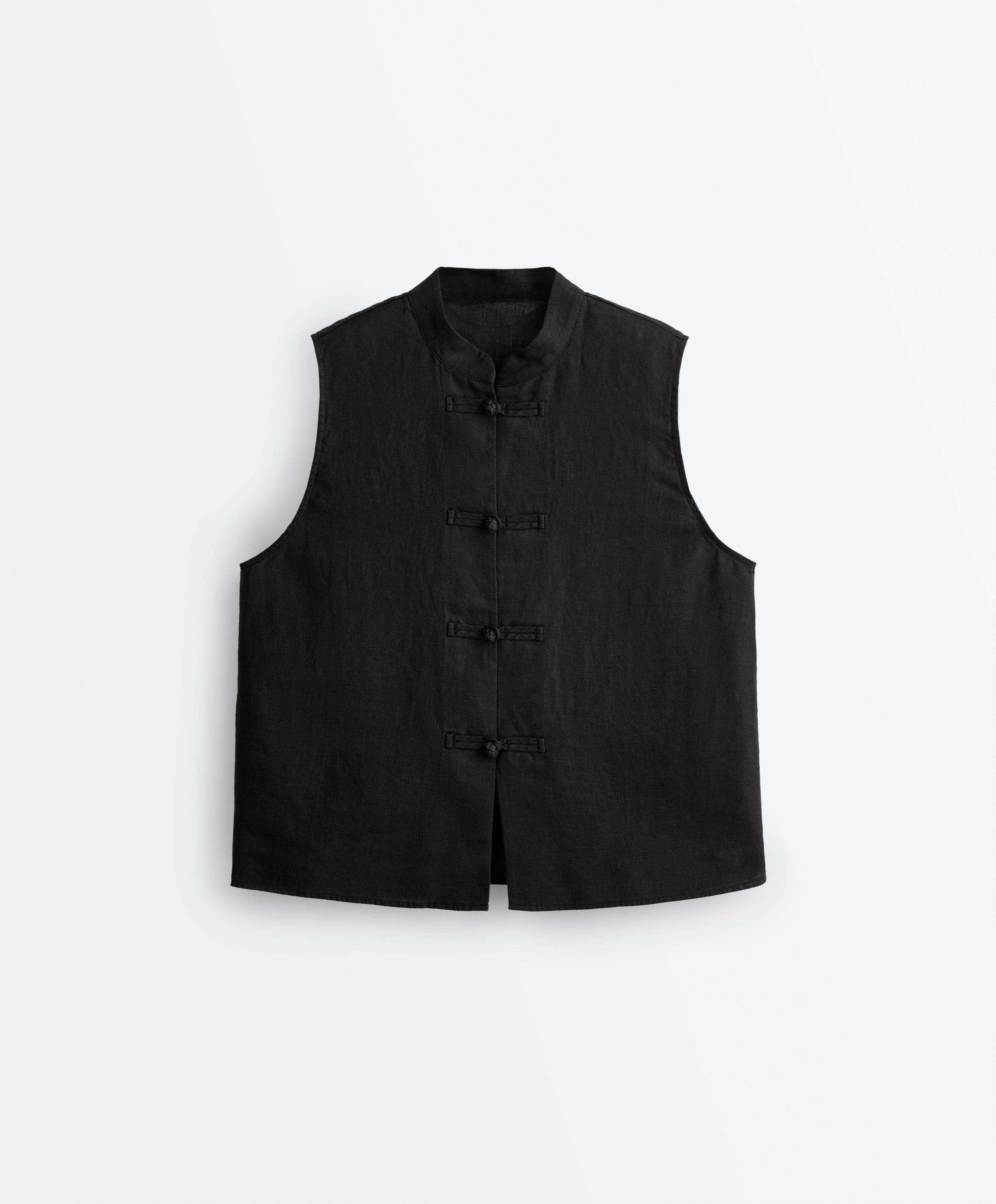 100% linen sleeveless stand-up collar shirt — BLACK