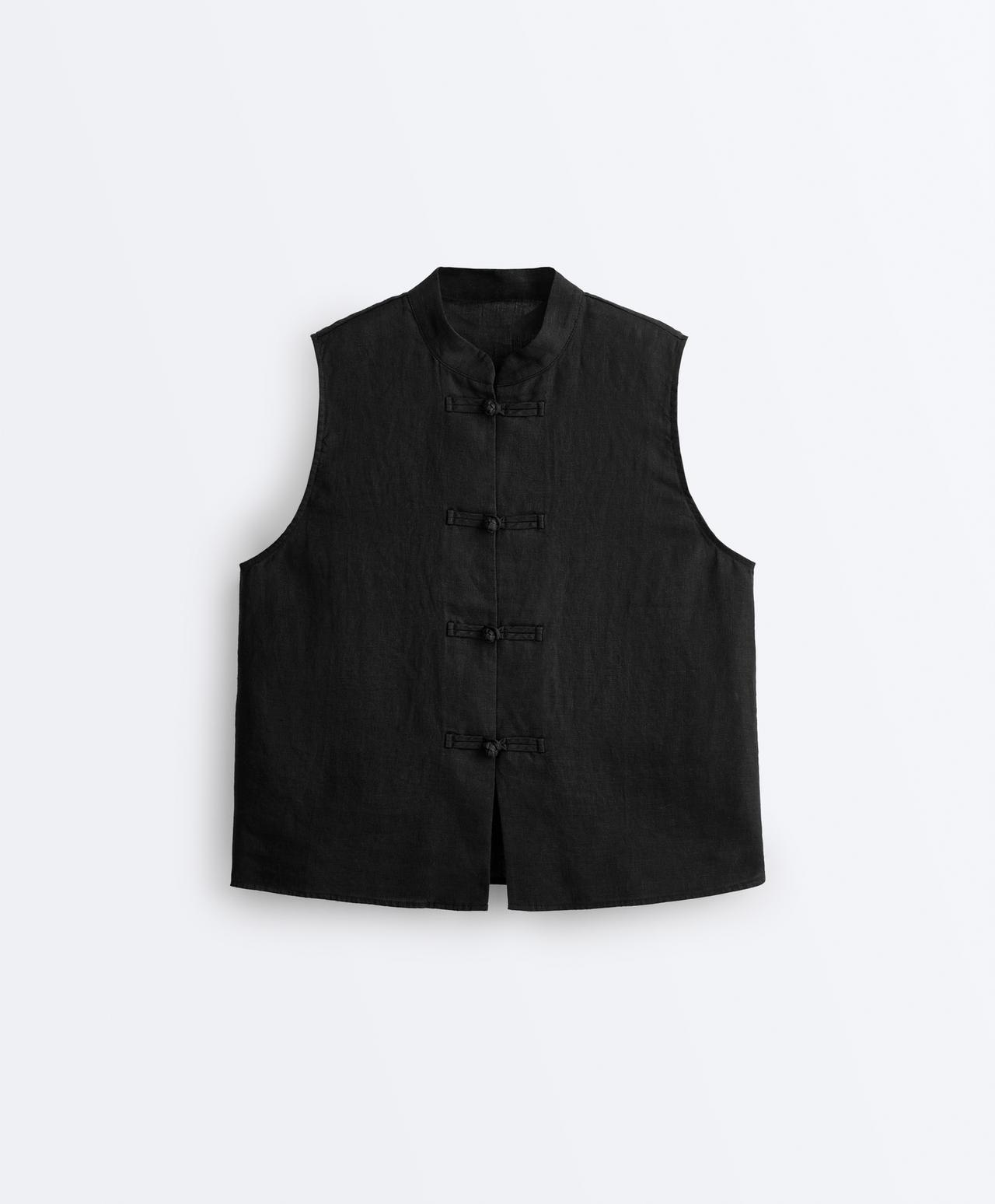 100% linen sleeveless stand-up collar shirt — BLACK
