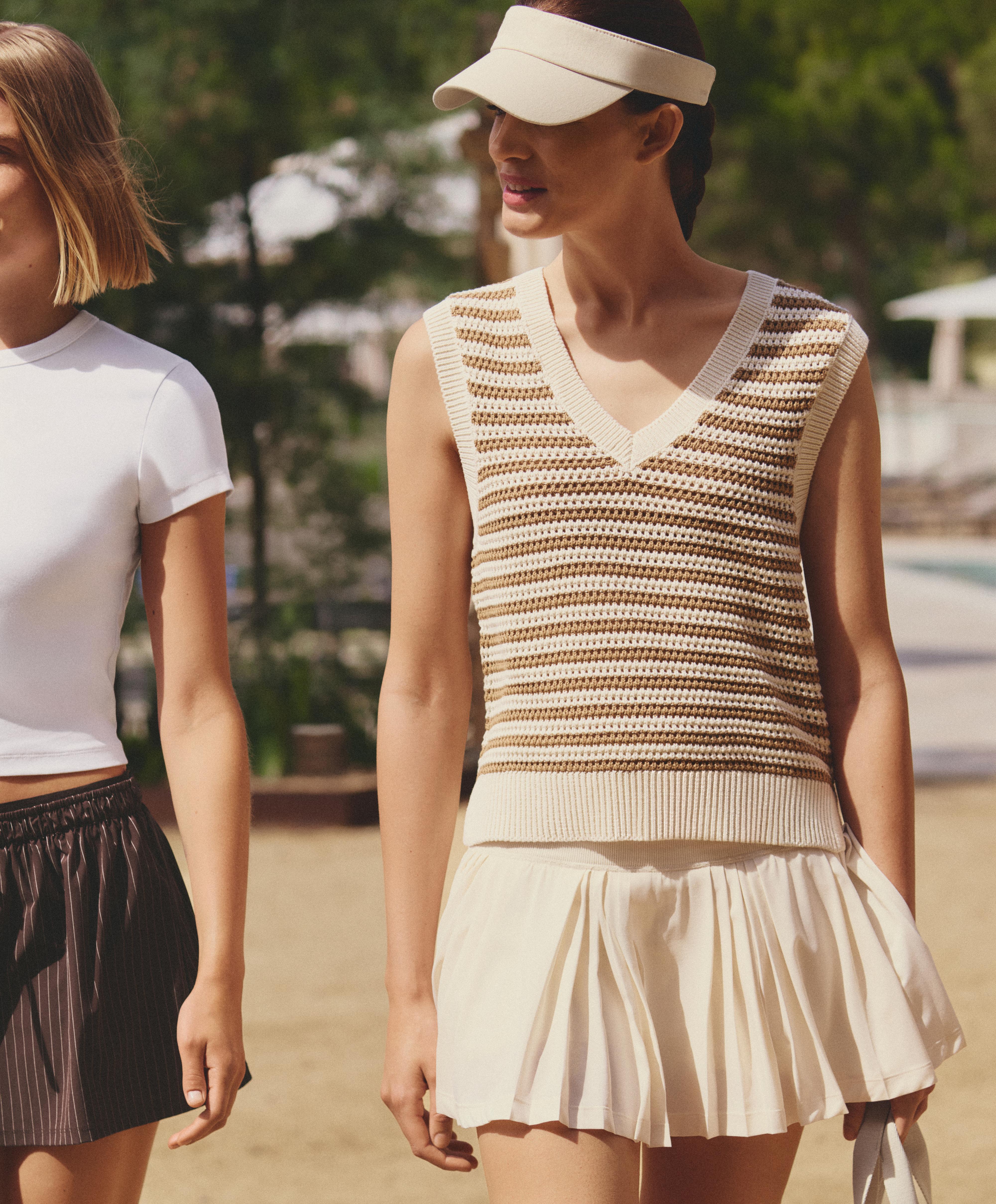 Striped V-neck knit vest — ECRU