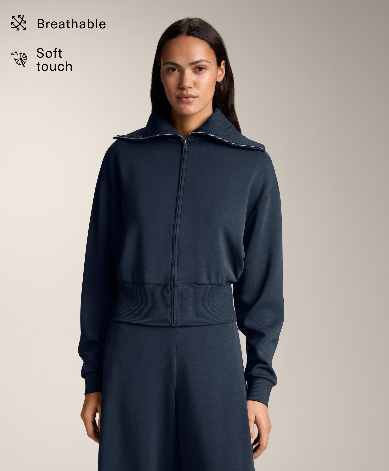 Fitted waist knit collar jacket with modal — NAVY BLUE