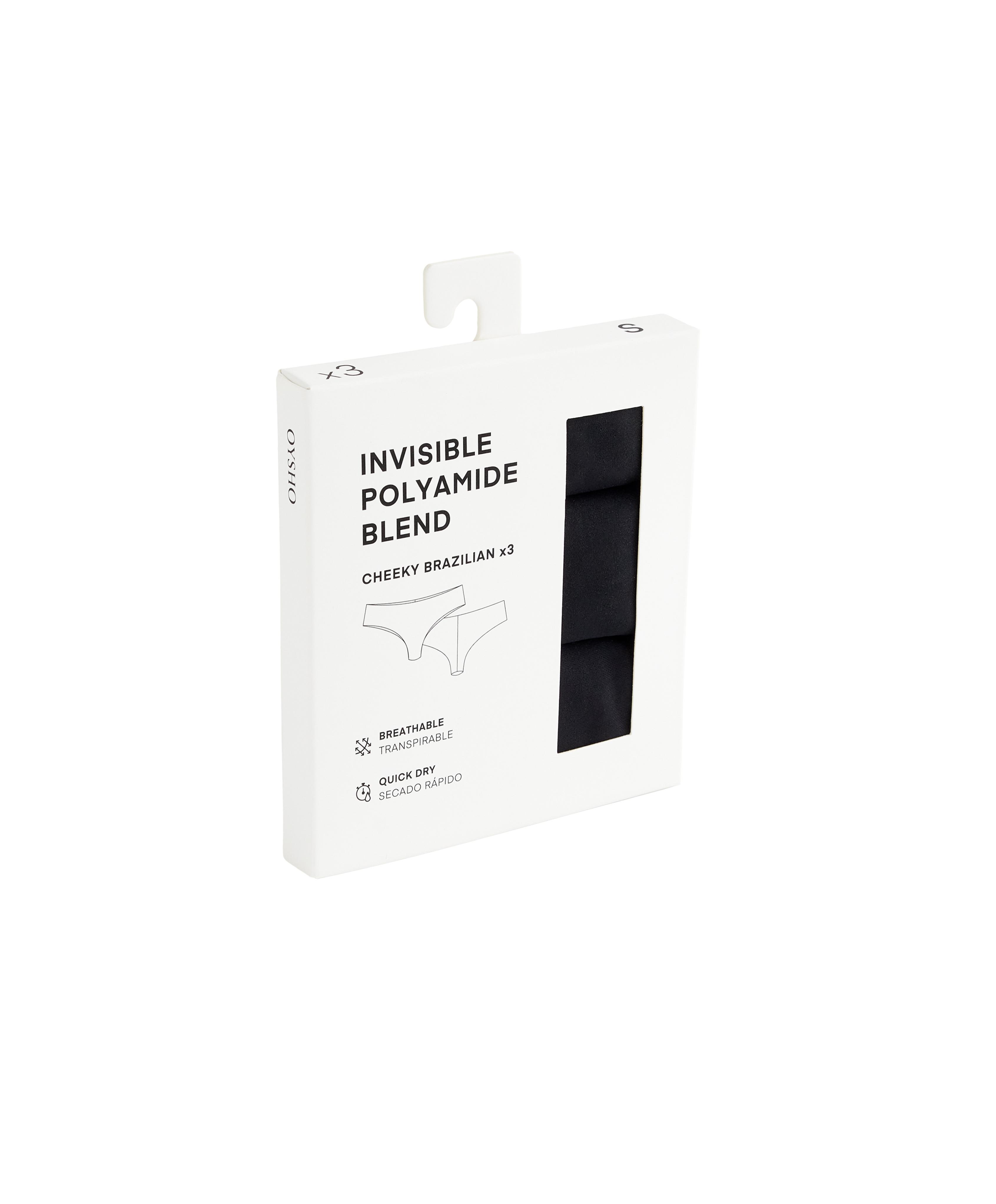 3 invisible polyamide blend cheeky Brazilian briefs — BLACK