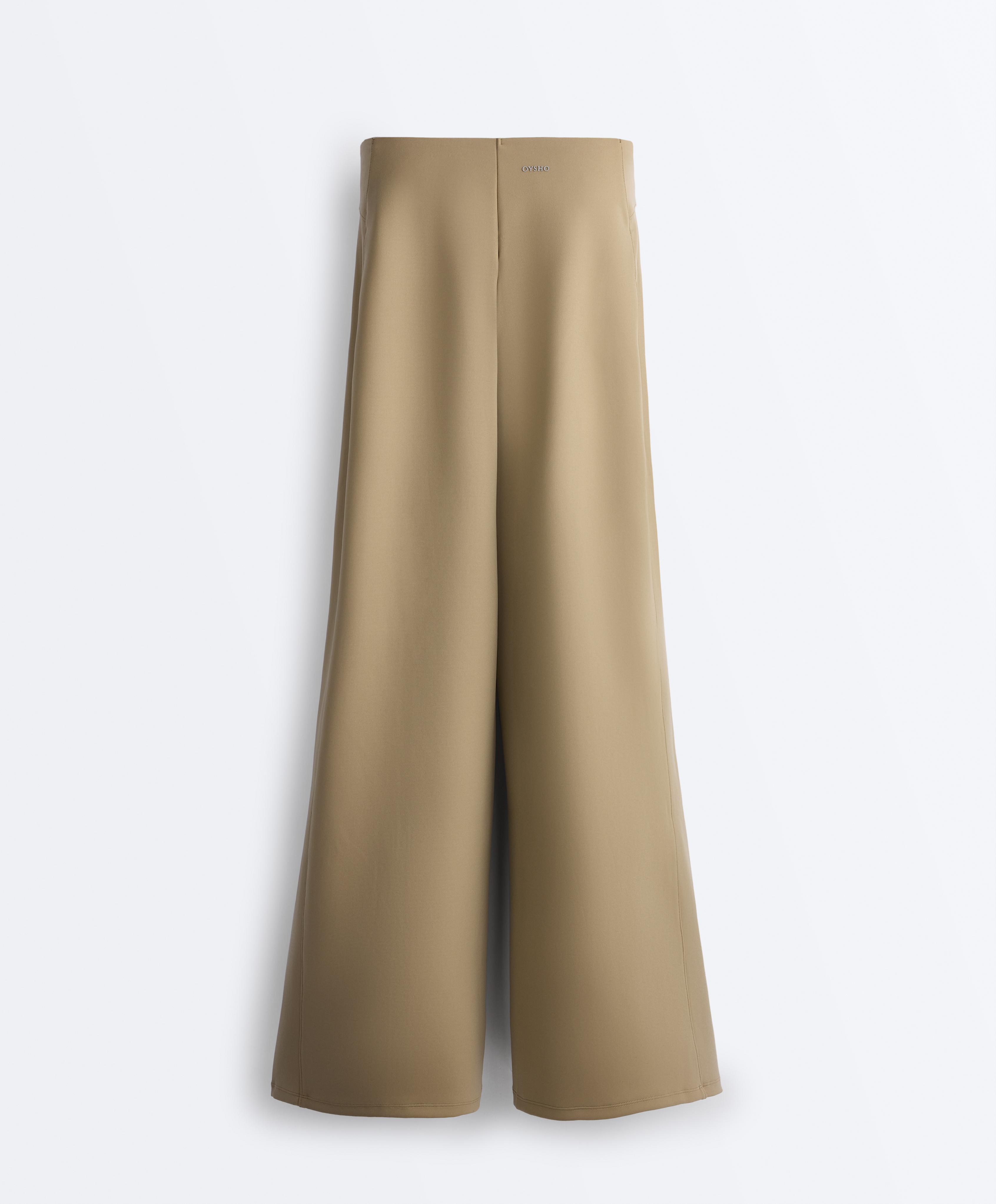 High rise neoprene-effect straight-leg trousers with piping — GREEN BEIGE