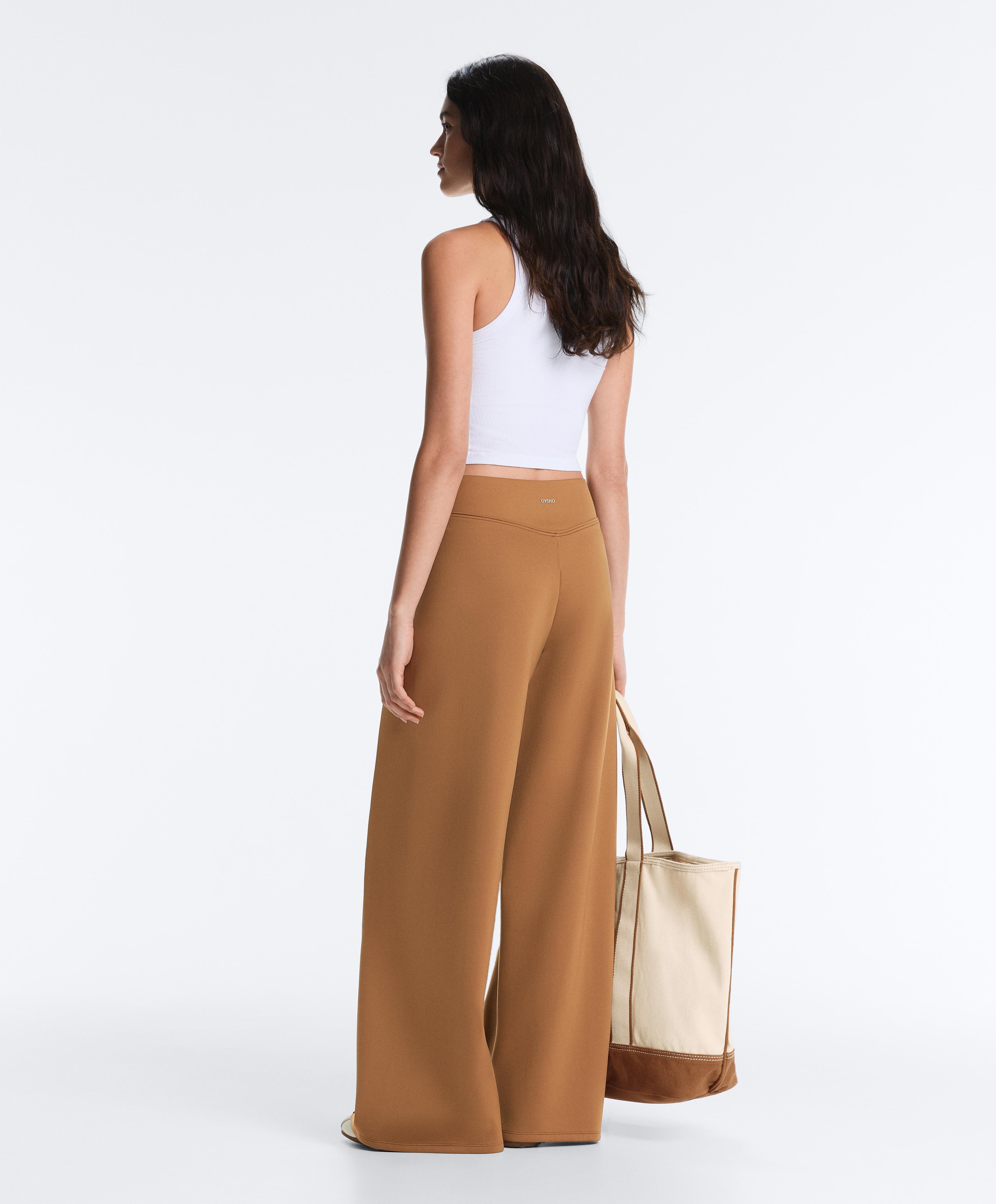 Neoprene effect high rise wide-leg trousers — PALE BROWN