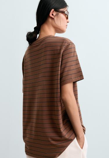 Oversize striped cotton blend short sleeve T-shirt — DARK BROWN 4