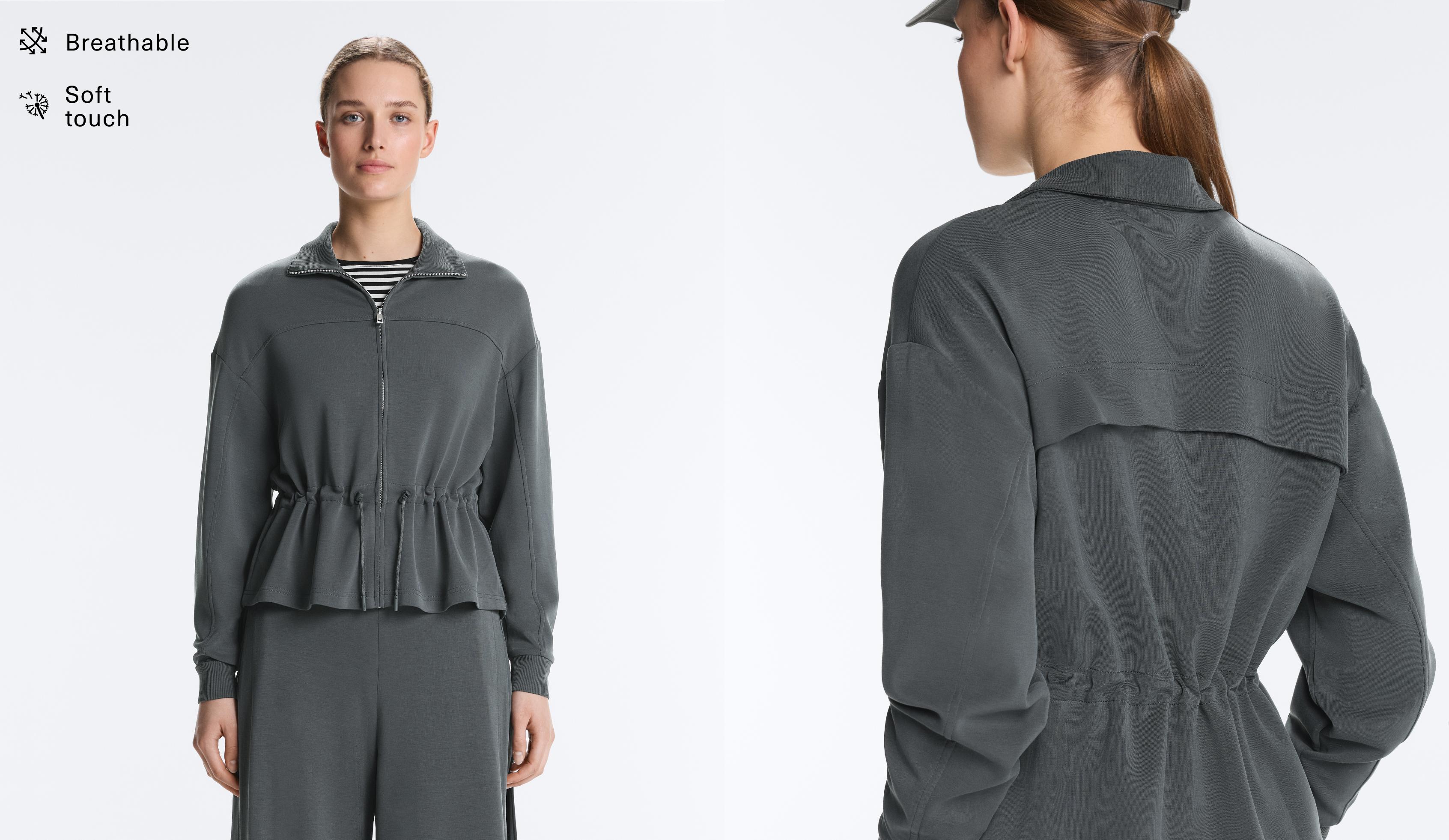 Soft-touch modal jacket with adjustable waist and high collar — ASPHALT