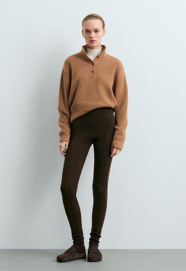 Suede-effect ankle-length leggings — Dark chocolate 1