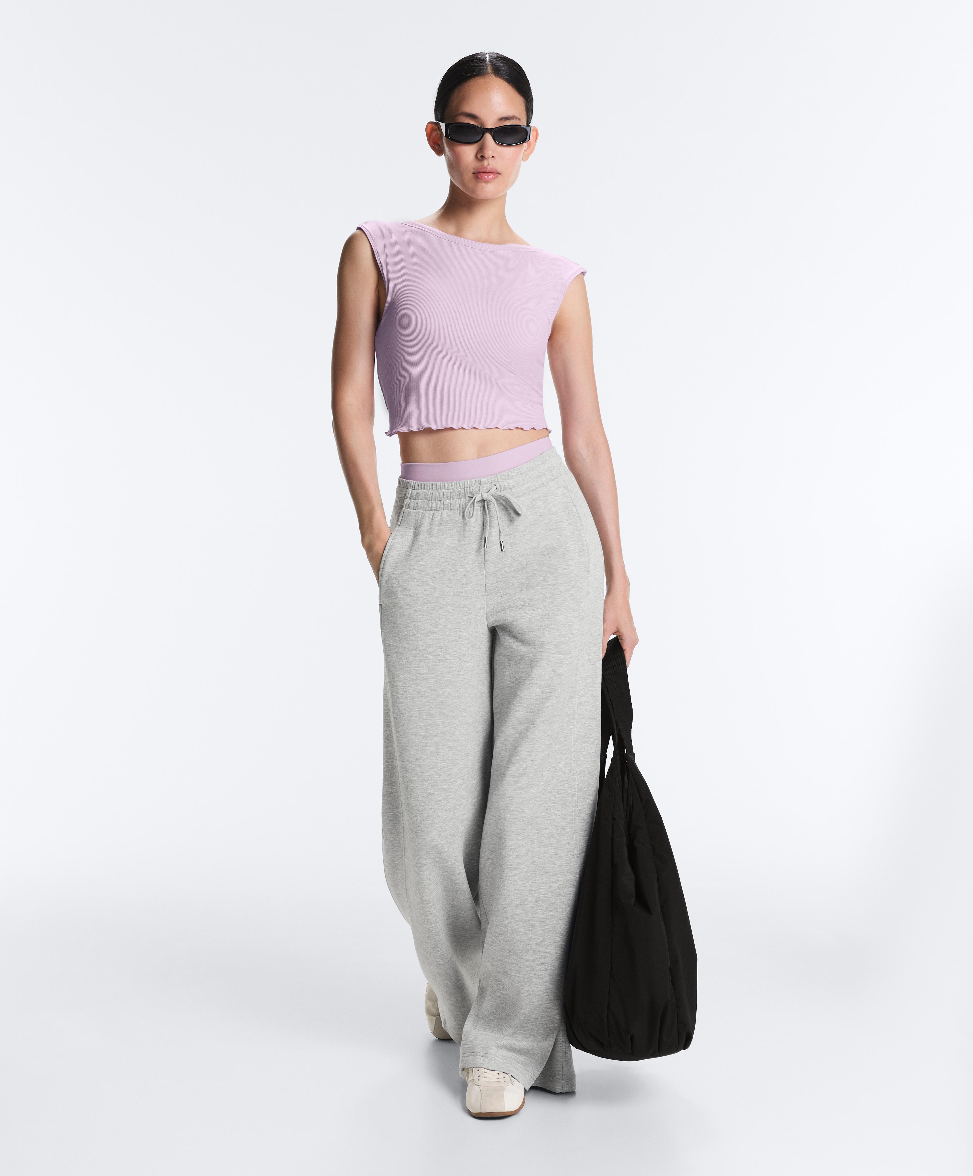 Rib modal blend short sleeve tank top with curling detail — LILAC