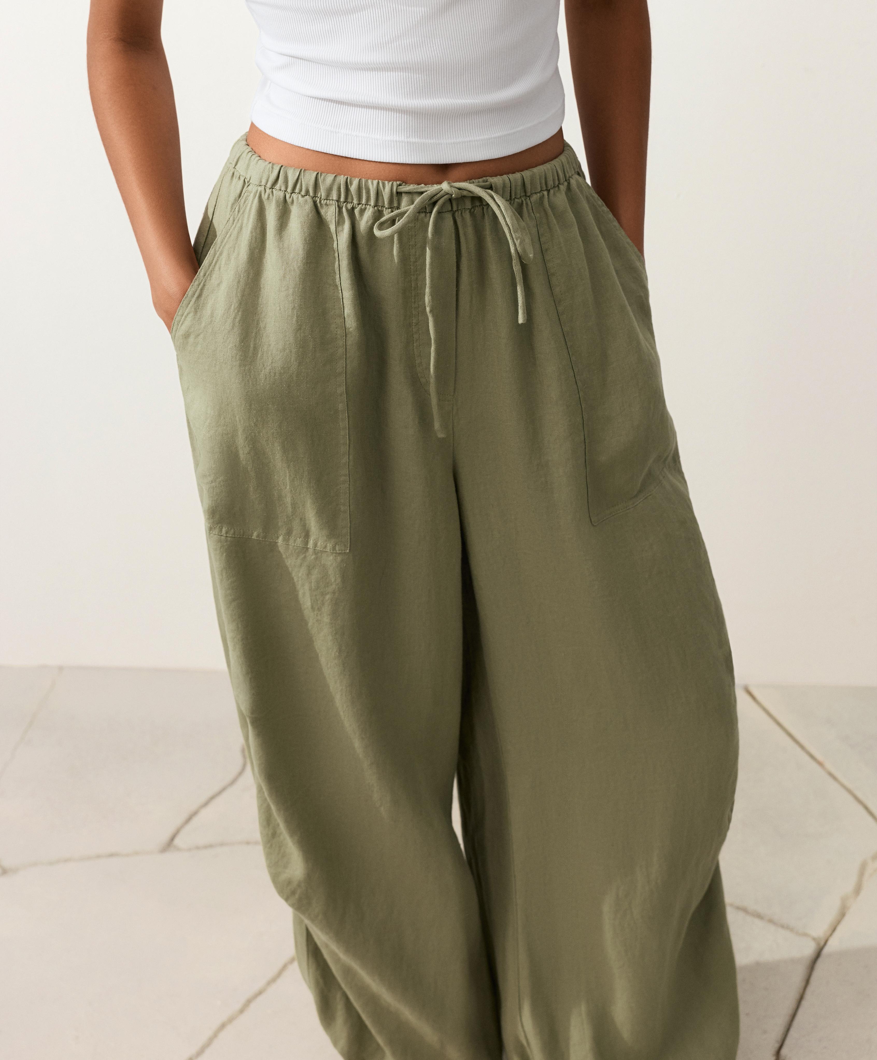 100% linen cargo bloomer trousers — YELLOW GREEN