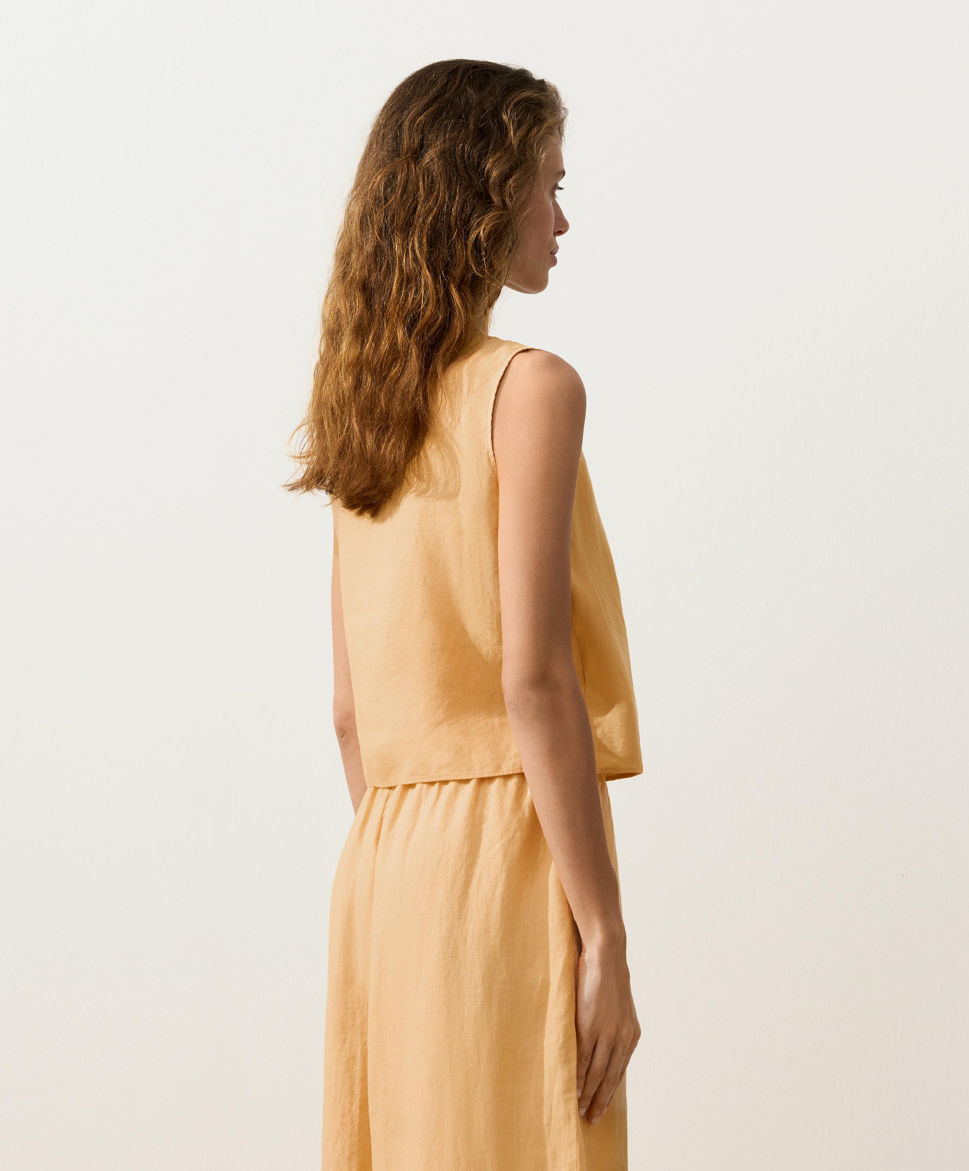 100% linen square neck crossover tie top — BURNT YELLOW