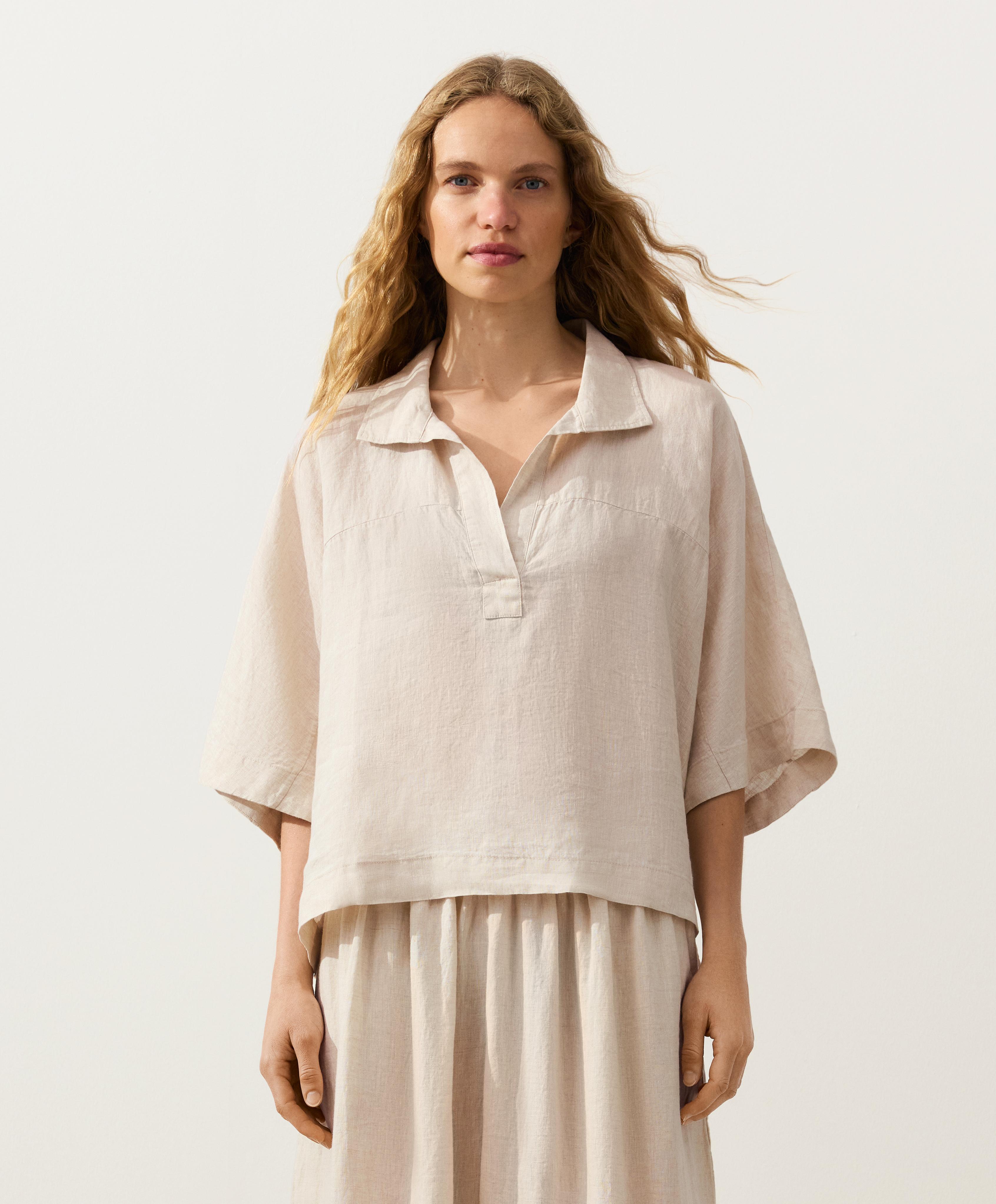 Oversize 100% linen polo shirt — SAND MELANGE