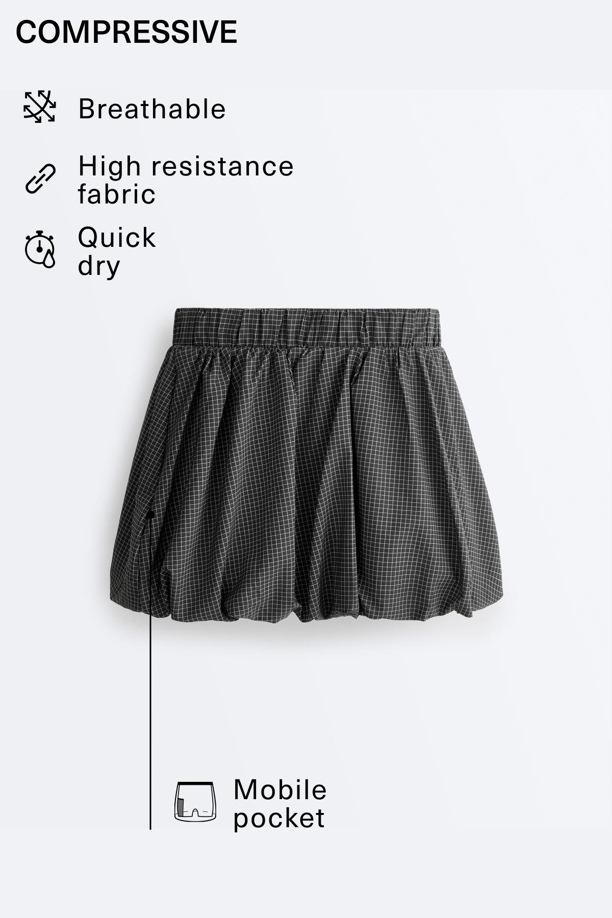 High rise Compressive check balloon mini skirt — BLACK