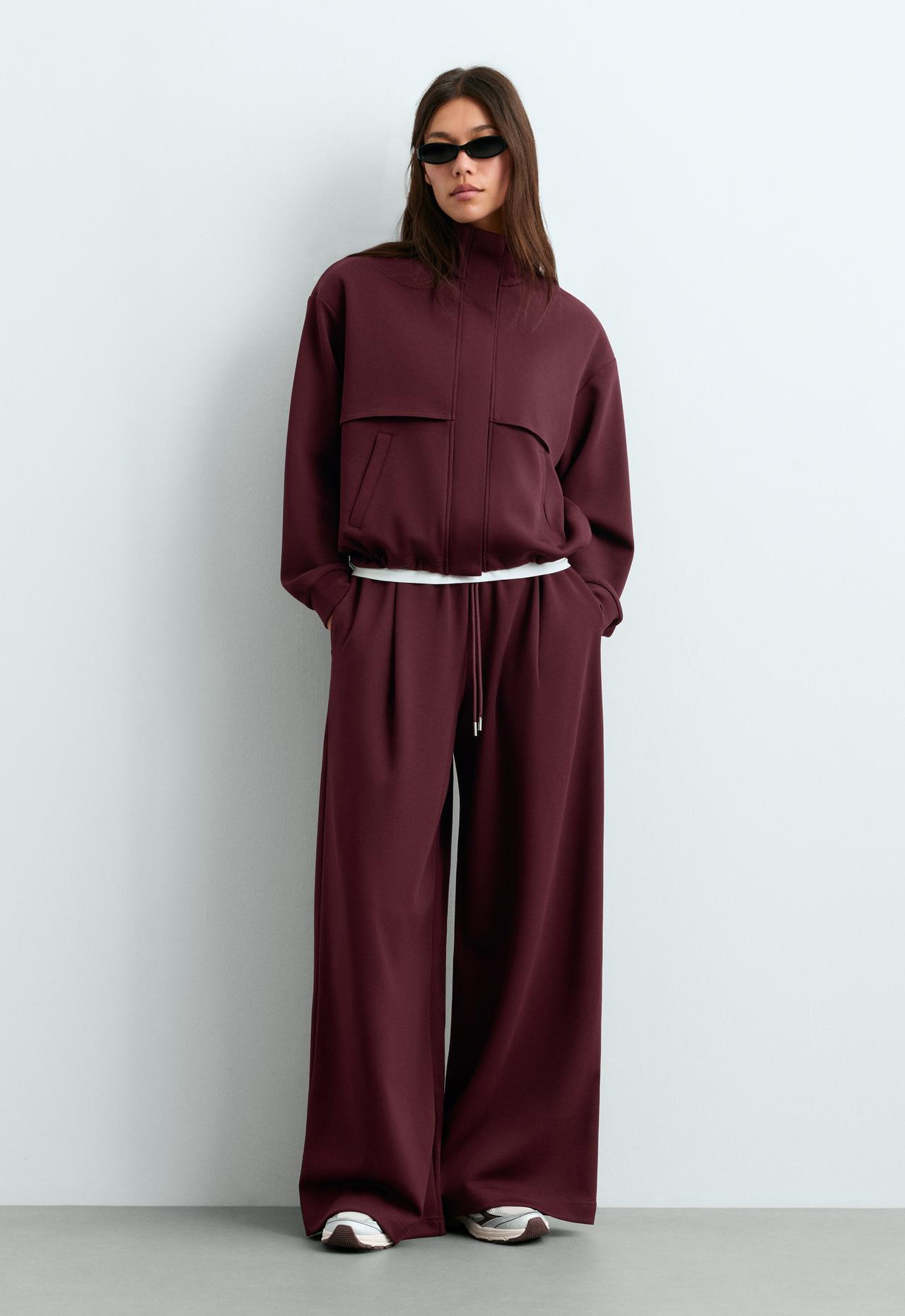High-neck piqué jacket with cotton — BURGUNDY