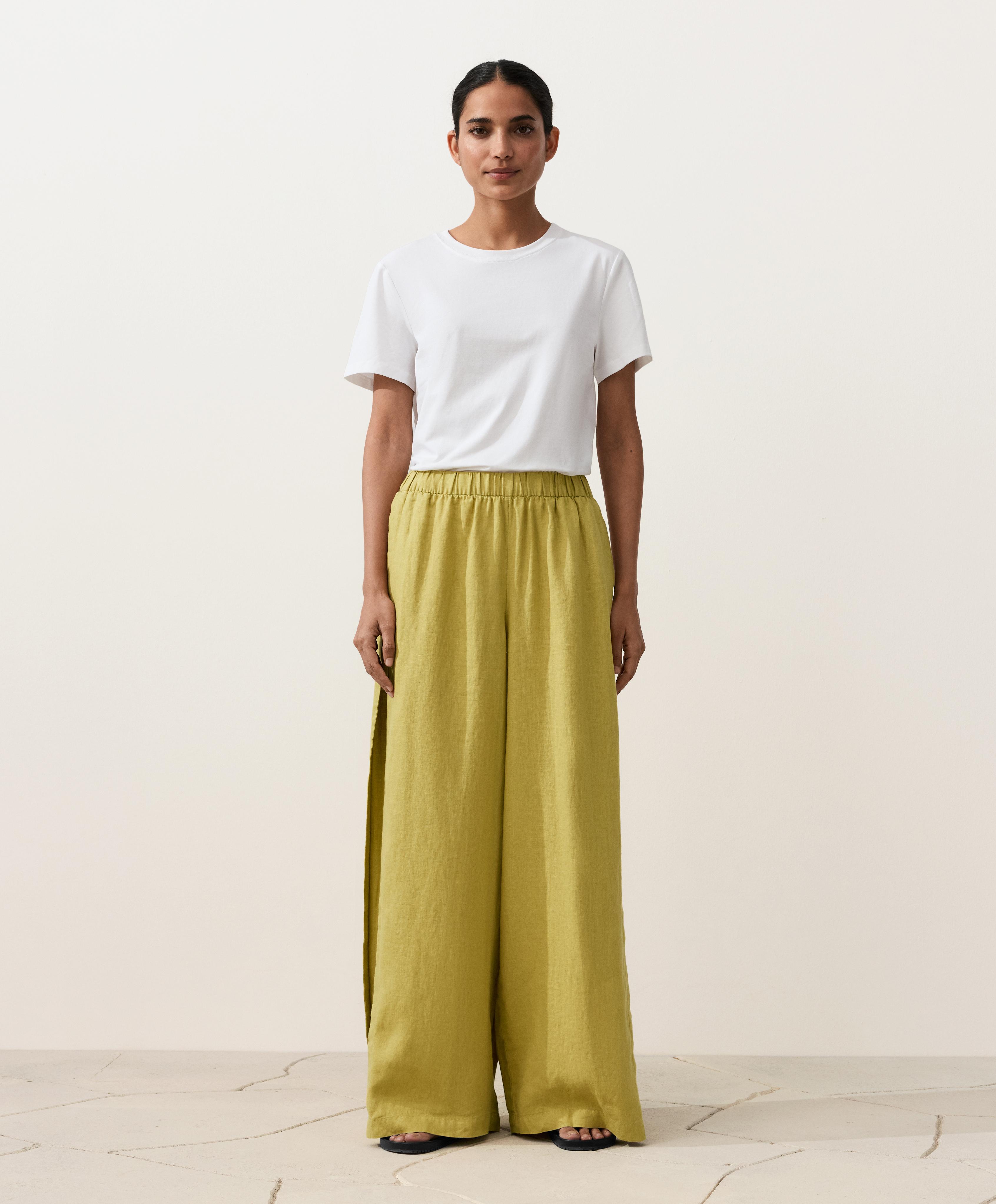 100% linen wide-leg trousers with side pleat — LIME GREEN
