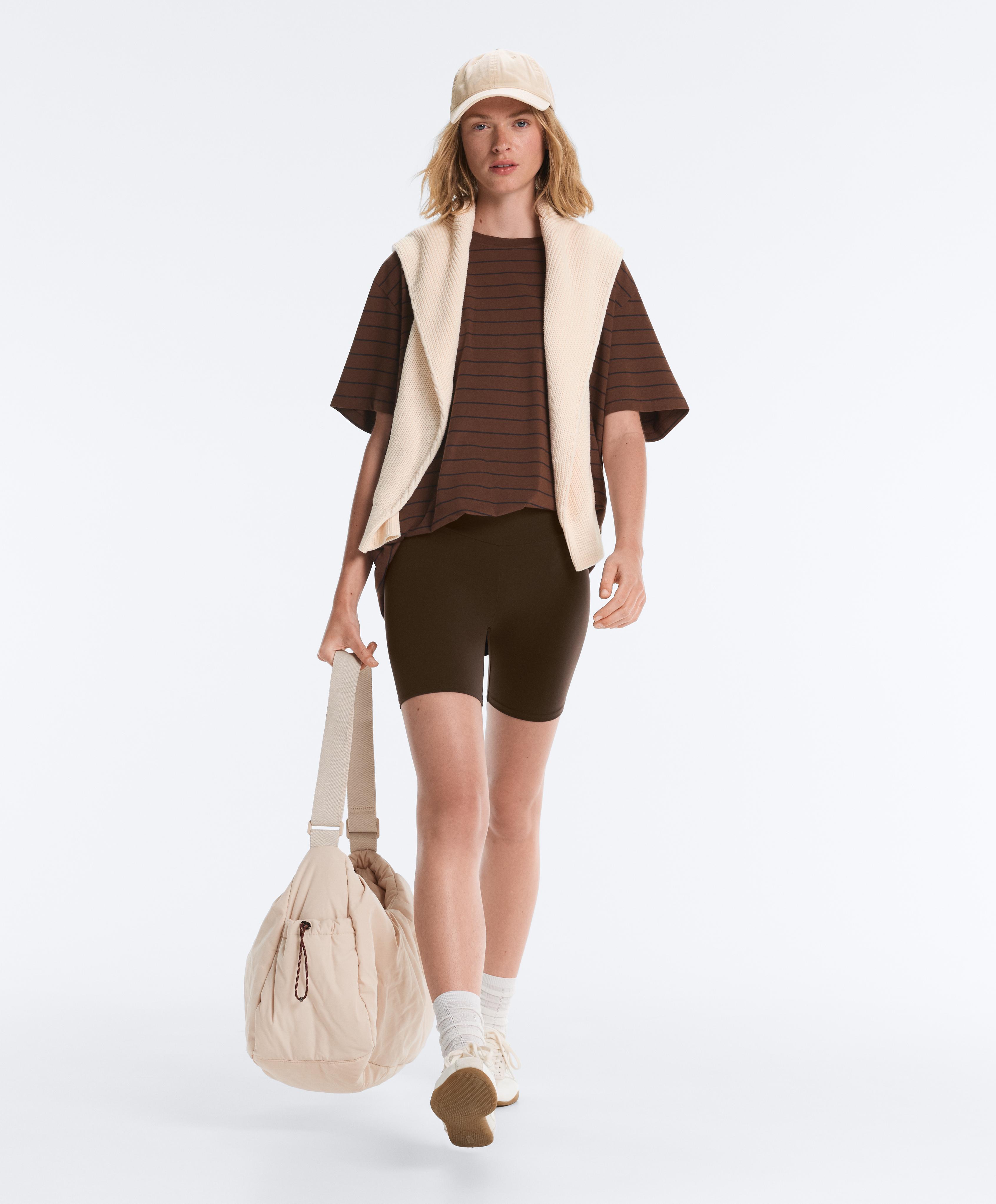 Oversize striped cotton blend short sleeve T-shirt — DARK BROWN