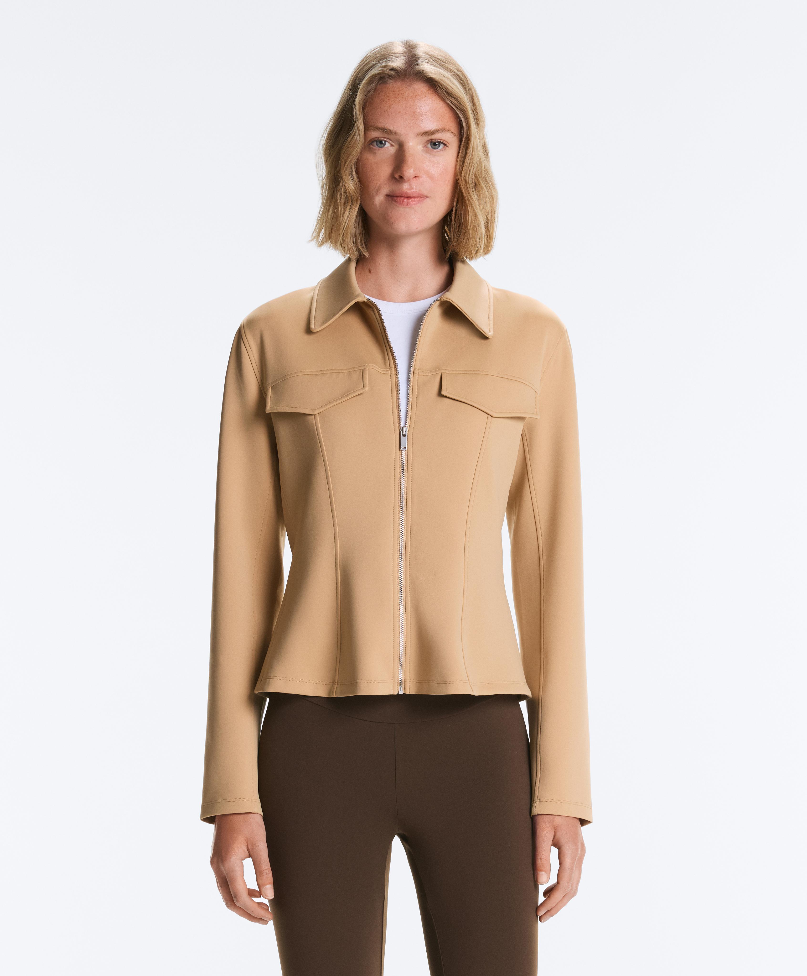 Neoprene-effect peplum jacket with ribbing — PALE CAMEL